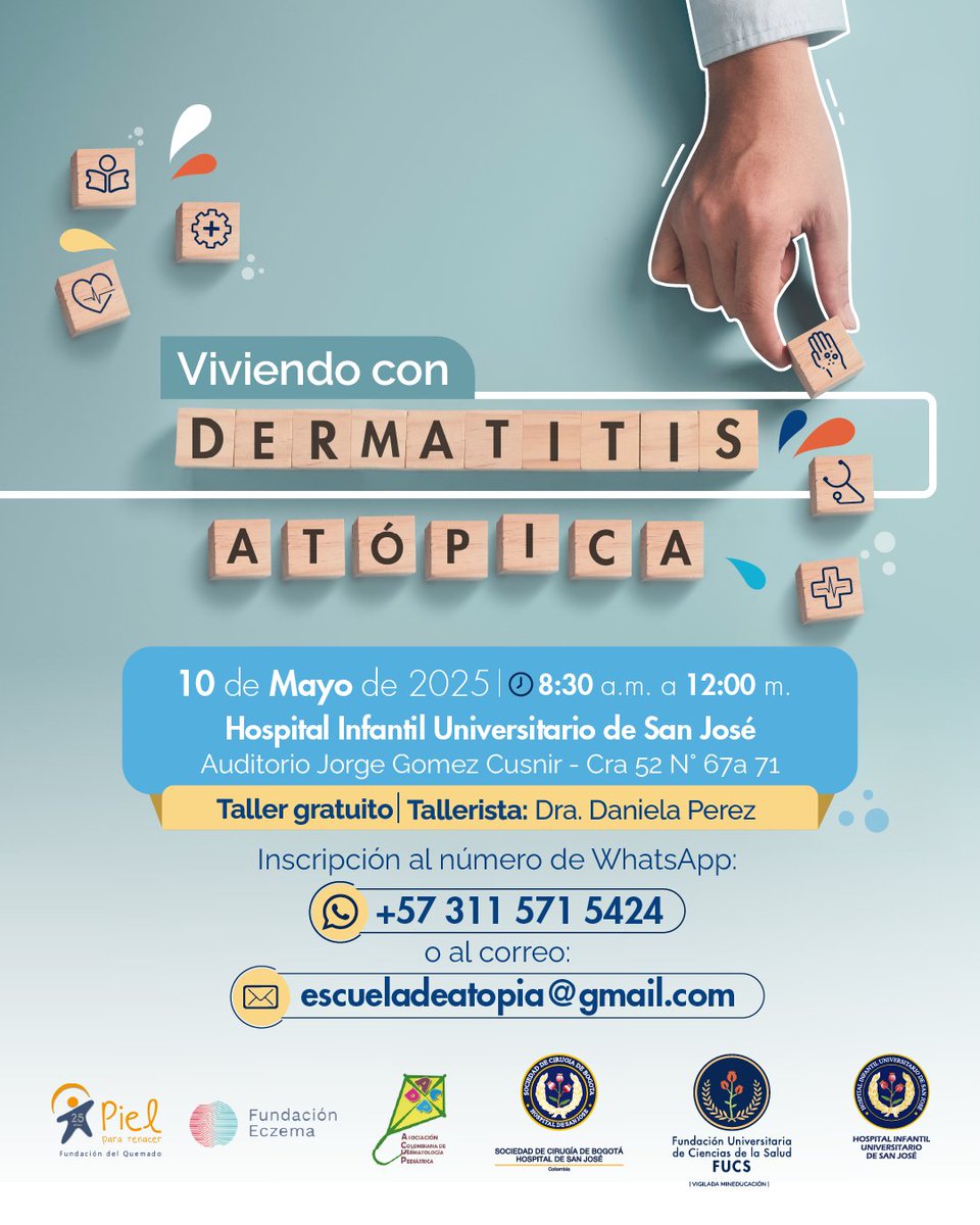 Hospital Infantil Universitario de San José (@hiusj_bogota) on Twitter photo ¡Un nuevo espacio gratuito de viviendo con Dermatitis atópica, se acerca!🤩
Asiste de forma presencial al taller este ⏰ sábado 10 de mayo en el Auditorio Jorge Gómez Cusnir y no olvides inscribirte al WhatsApp 📲 311 571 5424 o al correo escueladeatopia@gmail.com👏🏼 ¡Un nuevo espacio gratuito de viviendo con Dermatitis atópica, se acerca!🤩
Asiste de forma presencial al taller este ⏰ sábado 10 de mayo en el Auditorio Jorge Gómez Cusnir y no olvides inscribirte al WhatsApp 📲 311 571 5424 o al correo escueladeatopia@gmail.com👏🏼