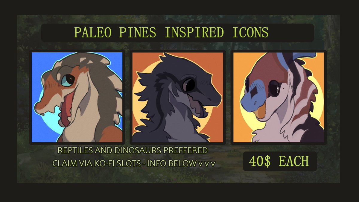 If anyone is interested in a dinosaur icon of their own I've got some slots up on my K0-fi!! 👀
 (You can also DM me if interested!)

I've been having so much fun with these ;v; 
I can also turn non-reptilian characters into dinosaurs too!