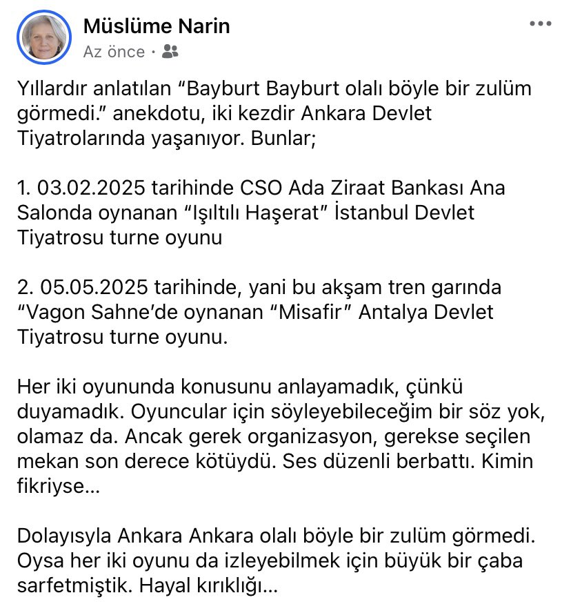 Bu güzel oyunları kötü organize edenlere de maşallaaaahhhhh…

Demek ki o kadar emek verilip sahneye konulan oyunları kötü yer seçimi nedeniyle izlenemez hale getirmek de mümkün oluyormuş. 

Sayın genel müdürüm, bu duruma bir el atmanızı rica ediyorum.

<a href="/cemazi0308/">Tamer Karadağlı</a> <a href="/Karadaglifan/">Tamer Karadağlı</a>