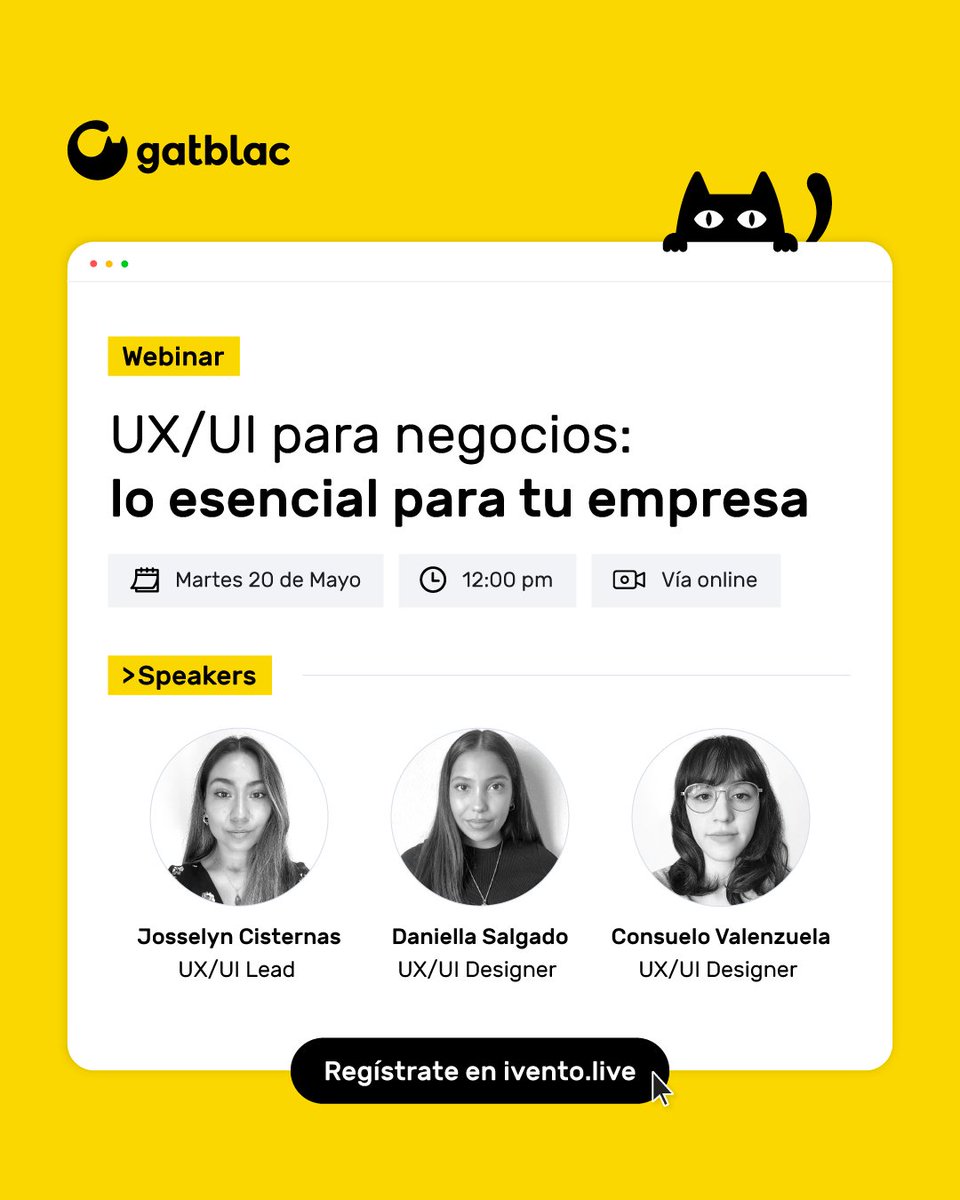 Estamos preparando un nuevo webinar junto a Gatblac para mostrarte cómo el diseño UX/UI puede ayudarte a mejorar la conversión, fidelizar clientes y tomar decisiones más estratégicas en tu negocio.

 Inscríbete  en ivento.live