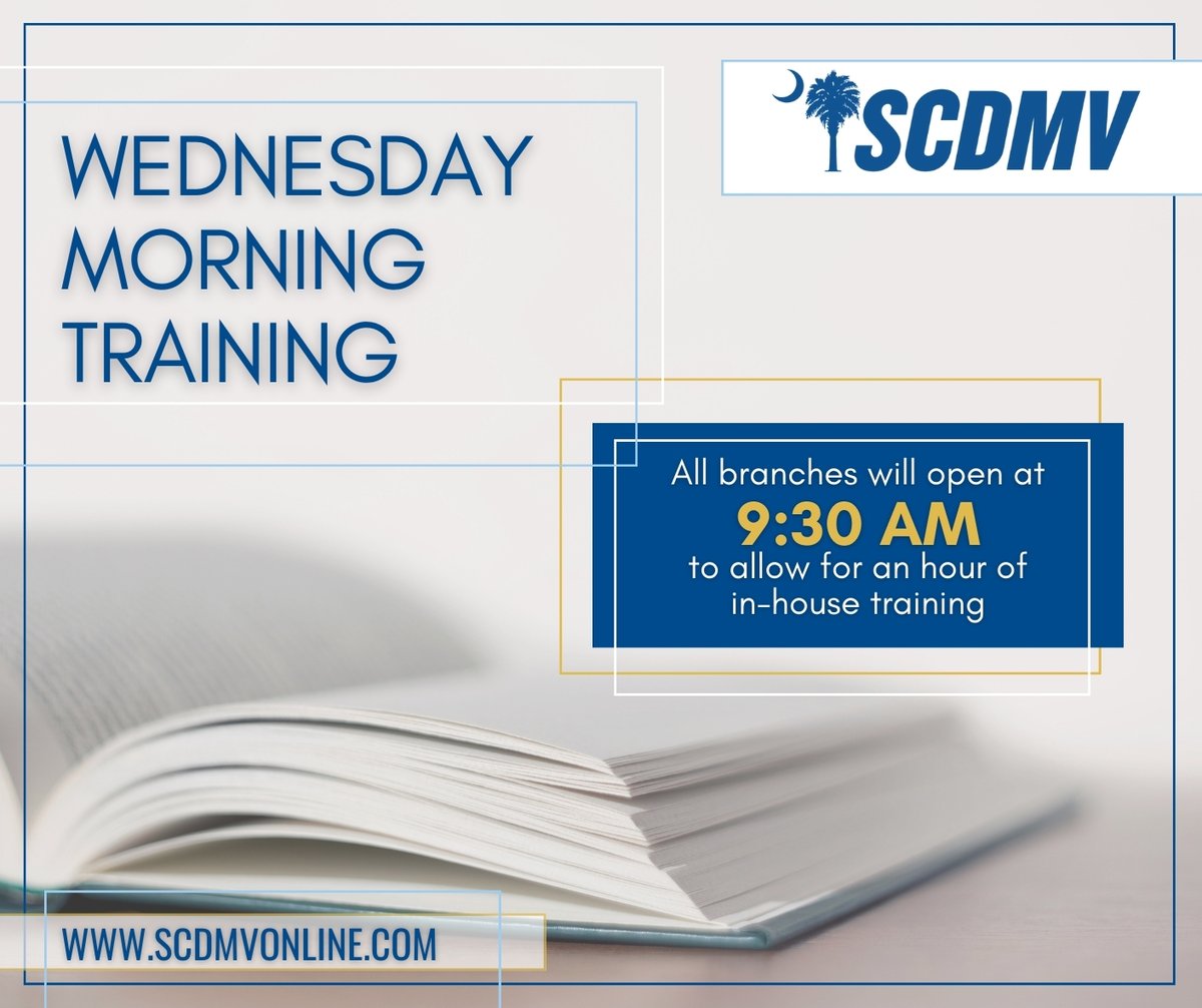 It's Wednesday Morning Training at the #SCDMV! Offices will open at 9:30 a.m. 
Get ahead of your visit by downloading forms from our website, scdmvonline.com/Forms-And-Manu…
#SCDMVonline #scdmvtraining