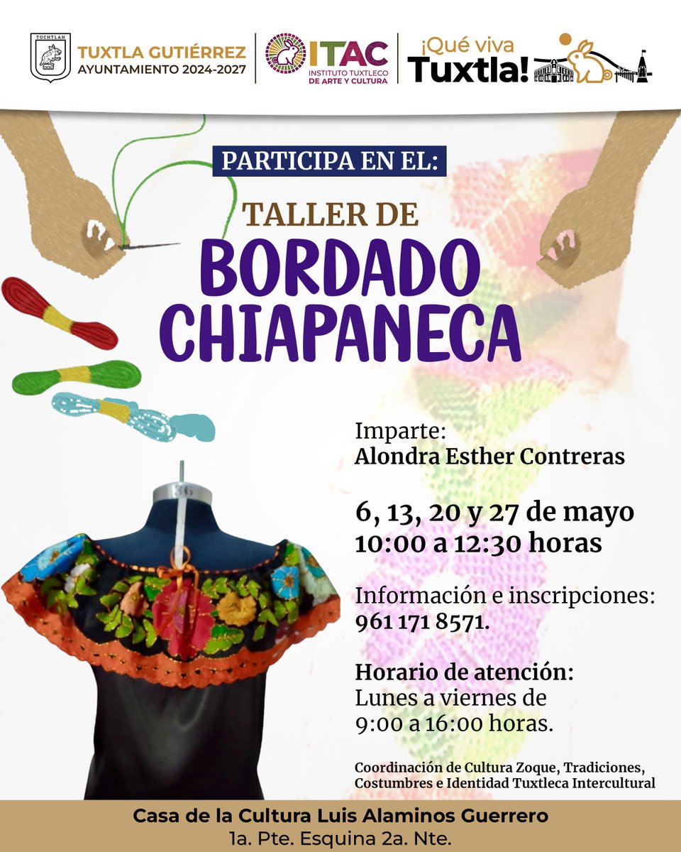 ITACTuxtlaGtz's tweet image. Participa en el taller de bordado chiapaneca que organiza el ITAC durante este mes. Regístrate al 961 171 8571.
#ViveTuCultura #ITAC #SomosITAC #Bordado #BordadoTradicional