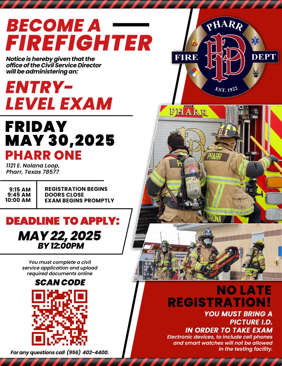 City of Pharr (@pharrtx) on Twitter photo Want to become a firefighter? Here's your chance to join an elite group of heroes that serve Pharr!
An entry-level exam will be conducted on May 30th, the deadline to apply is May 22.
Find the application here: pharrtx.applicantpro.com/jobs/3729409 Want to become a firefighter? Here's your chance to join an elite group of heroes that serve Pharr!
An entry-level exam will be conducted on May 30th, the deadline to apply is May 22.
Find the application here: pharrtx.applicantpro.com/jobs/3729409