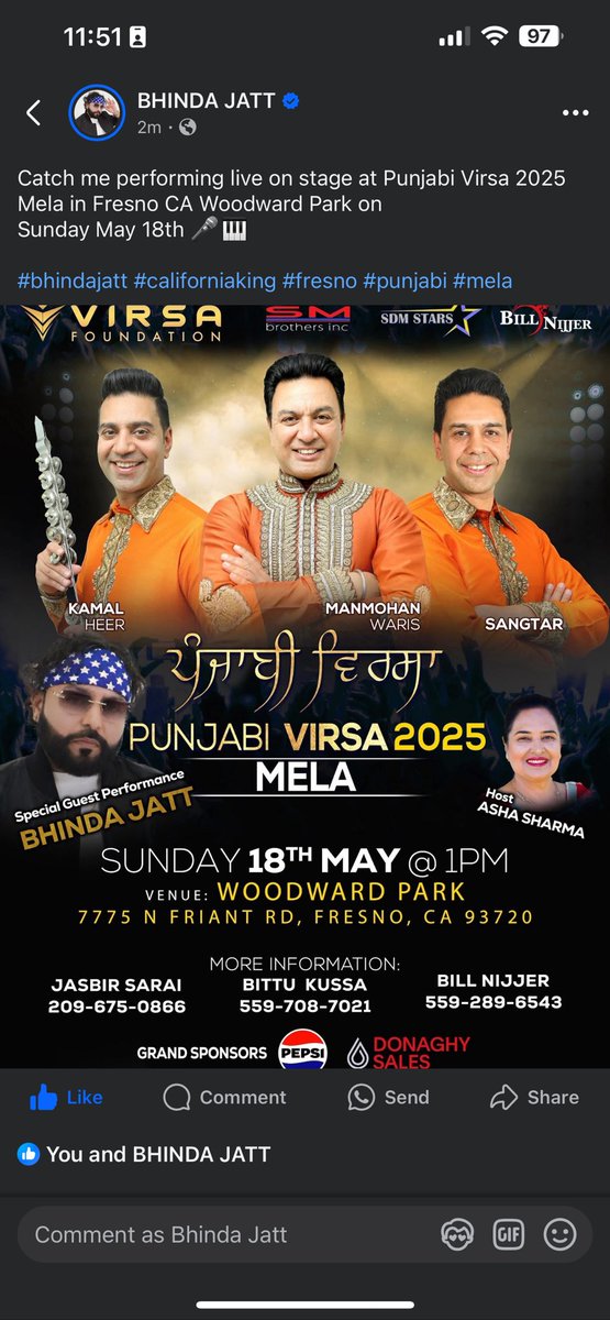 Catch me performing live on stage at Punjabi Virsa 2025 Mela in Fresno CA Woodward Park on Sunday May 18th 🎤🎹

#bhindajatt #californiaking #fresno #punjabi #mela