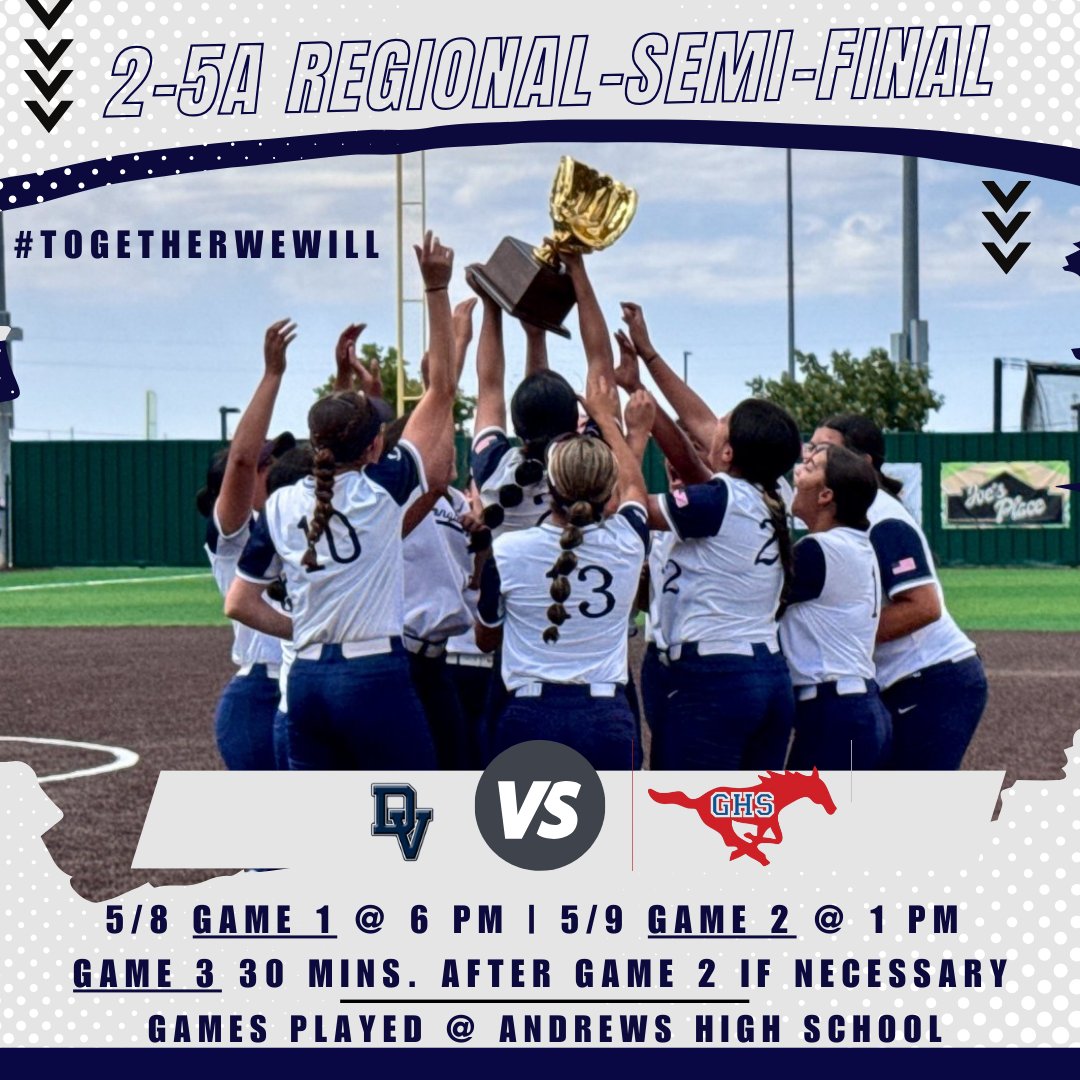 DVHS_Softball (@dvhsvarsitysb) on Twitter photo Here we go!!! Games are set! Head out to Andrews this Thursday and support your Lady Conquistadores as they face off against the Lady Mustangs from Grapevine in a best-of-3 series. Let's go!!! 💙💪🏼🥎 #togetherwewill #bigbadblue
<a href="/Fchavezeptimes/">Felix Chavez</a> <a href="/EPFastpitch915/">ElPasoFastpitchSoftballCommunity</a> <a href="/VHairston_DVHS/">Valerie Hairston</a> Here we go!!! Games are set! Head out to Andrews this Thursday and support your Lady Conquistadores as they face off against the Lady Mustangs from Grapevine in a best-of-3 series. Let's go!!! 💙💪🏼🥎 #togetherwewill #bigbadblue
<a href="/Fchavezeptimes/">Felix Chavez</a> <a href="/EPFastpitch915/">ElPasoFastpitchSoftballCommunity</a> <a href="/VHairston_DVHS/">Valerie Hairston</a>