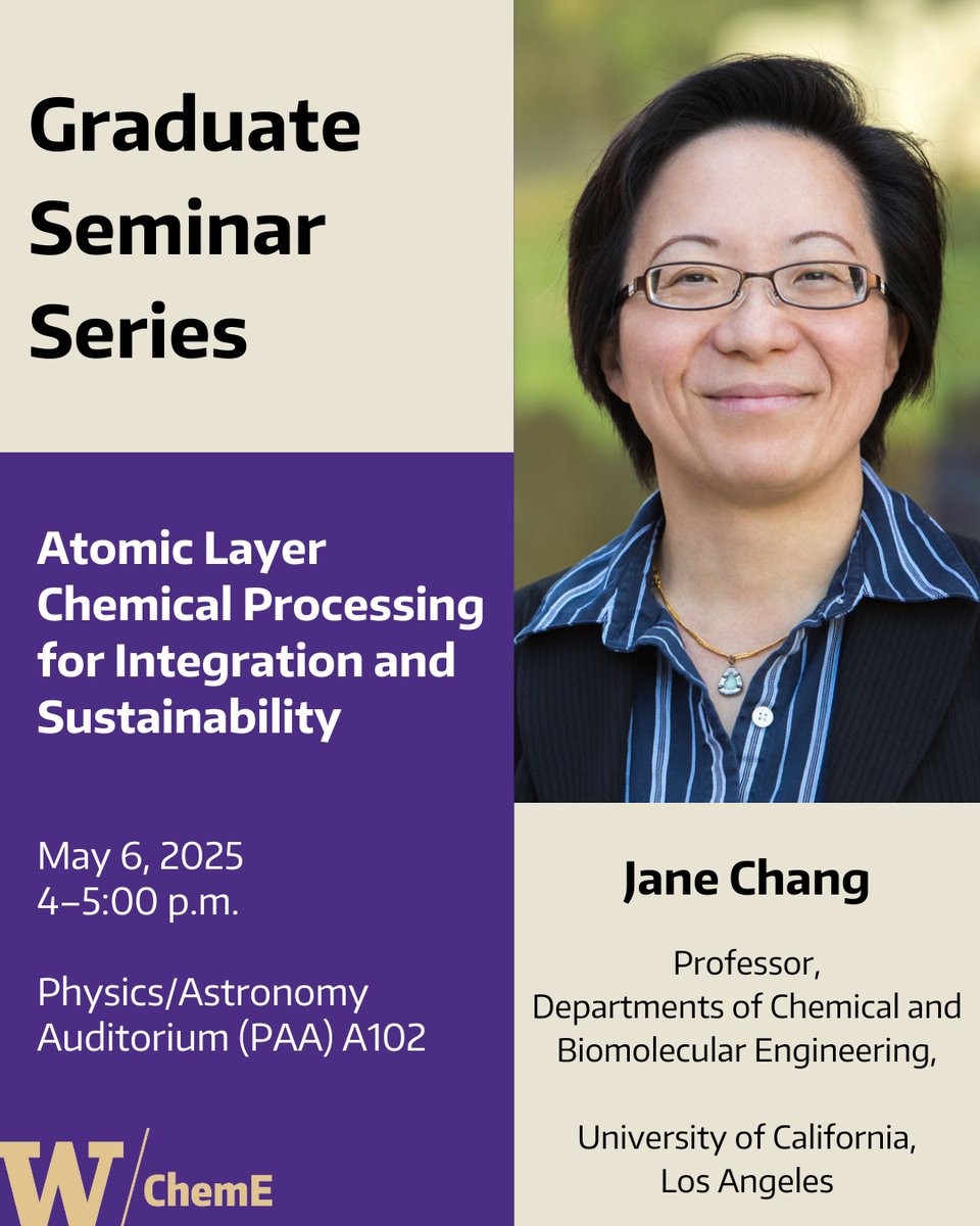UW Chemical Engineering (@uwcheme) on Twitter photo Jane Chang, professor at the University of California, Los Angeles (<a href="/UclaCBE/">UCLA Chemical and Biomolecular Engineering</a>), will share a seminar titled "Atomic Layer Chemical Processing for Integration and Sustainability."
May 6, 2025
PAA A102
Reception: 3:30 p.m.
Seminar: 4–5 p.m.
tinyurl.com/050625Chang
<a href="/UCLAengineering/">UCLA Samueli Engineering</a> Jane Chang, professor at the University of California, Los Angeles (<a href="/UclaCBE/">UCLA Chemical and Biomolecular Engineering</a>), will share a seminar titled "Atomic Layer Chemical Processing for Integration and Sustainability."
May 6, 2025
PAA A102
Reception: 3:30 p.m.
Seminar: 4–5 p.m.
tinyurl.com/050625Chang
<a href="/UCLAengineering/">UCLA Samueli Engineering</a>