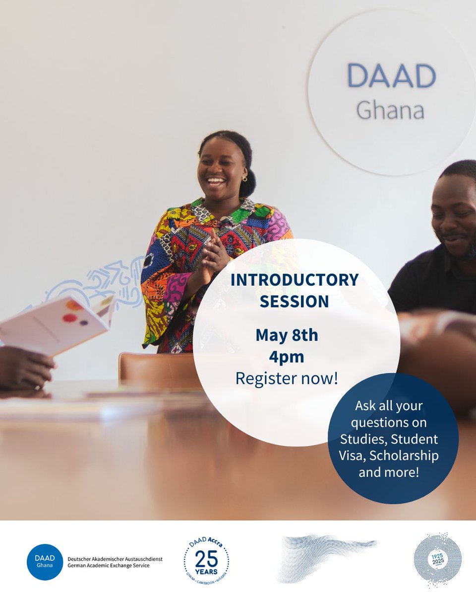 DAAD Ghana (@daad_ghana) on Twitter photo 🇩🇪 Want to study in Germany?
Join our next session about:
✅ Study programs
💰 Scholarships & deadlines
🛂 Student visa process
📅 Register now: bit.ly/43eKQO5
📍 To attent in-person
✉️ RSVP: event@daad-ghana.org I wa.me/233261090939
Tag a friend who needs this! 🇩🇪 Want to study in Germany?
Join our next session about:
✅ Study programs
💰 Scholarships & deadlines
🛂 Student visa process
📅 Register now: bit.ly/43eKQO5
📍 To attent in-person
✉️ RSVP: event@daad-ghana.org I wa.me/233261090939
Tag a friend who needs this!