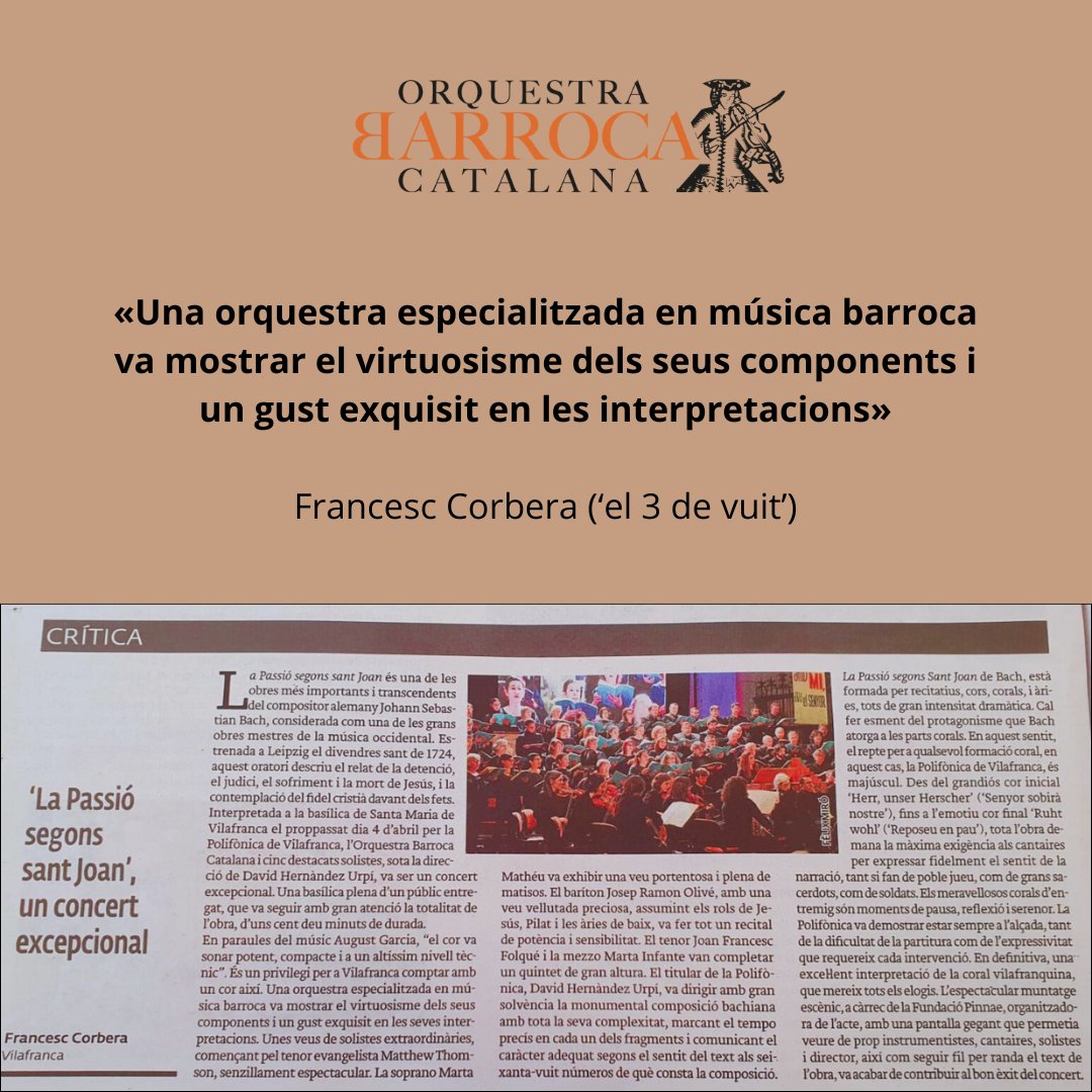 🎻 ✨ Recomanació de lectura!

El setmanari <a href="/el3devuit/">el3devuit</a> publica una magnífica crítica sobre el concert de la Passió segons Sant Joan de #Bach que vam interpretar el 4 d’abril a Vilafranca amb la <a href="/PolifonicaVila/">PolifònicaVilafranca</a>. Un concert que vam portar el 25 d'abril a Vilanova i la Geltrú 🥳🎼🎶