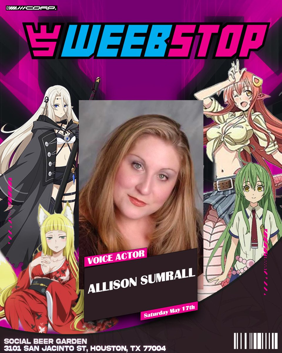 TheWeebStop's tweet photo. [ SPECIAL GUEST 🚨]
We’re excited to announce Allison Sumrall as a guest at our Weeb Stop event on May 17th 🥳

She’ll have her own guest table so stop by to get your signatures and the chance to meet her!

See you on May 17th! https://t.co/h9J2RWAdis