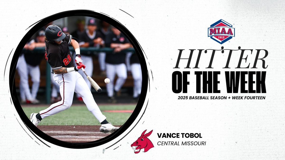 Central Missouri's Vance Tobol slashed .625/.625/1.375 in the last weekend of regular season competition to be crowned the final 𝙈𝙄𝘼𝘼 𝙃𝙄𝙏𝙏𝙀𝙍 𝙊𝙁 𝙏𝙃𝙀 𝙒𝙀𝙀𝙆 in the 2025 season 🔥⤵️

📰 tinyurl.com/56e5zwtx
#BringYourAGame