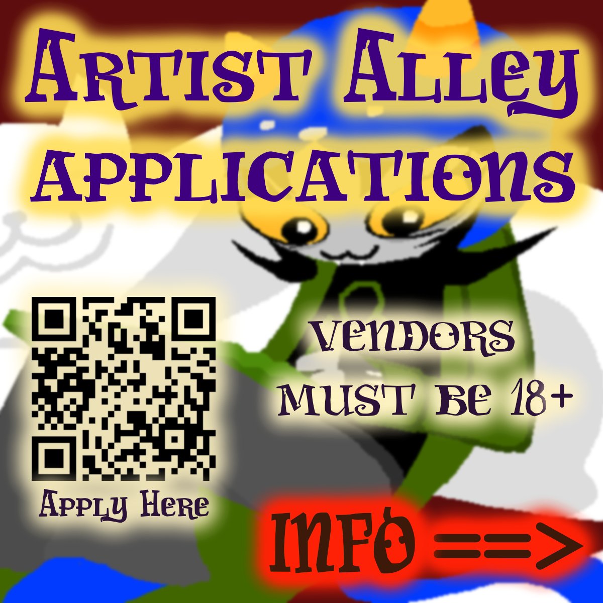 promstuck2025's tweet image. ARTIST ALLEY applications are OPEN, and will close in 1 week! Please read the info slide ==> Come sell your wares with NO FEES, whether or not you've done it before. We have very limited slots due to venue size, but don't hesitate to apply!
》forms.gle/vCrsiurafdkyPG…《
#homestuck
