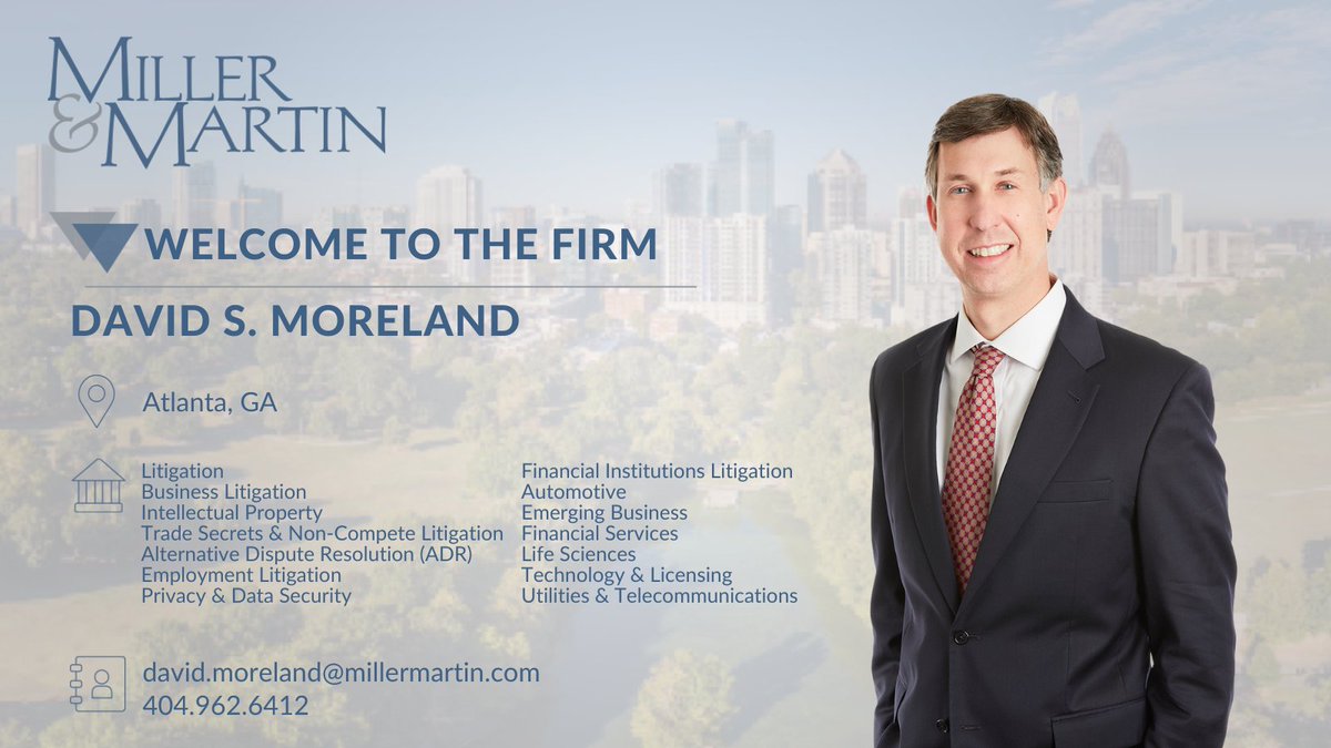 Miller &amp; Martin welcomes David S. Moreland to the Atlanta office as a partner-level Member in the firm. A seasoned litigator, Moreland has a background in engineering and extensive experience in intellectual property litigation. Learn more here: bit.ly/4iO1PLR