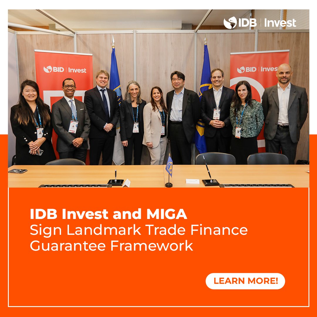 📢Great news!
IDB Invest and <a href="/MIGA/">MIGA</a> have announced a Trade Finance Guarantee Framework Agreement for up to $500 million to support trade finance transactions in #LatinAmerica and the #Caribbean.

By combining resources, IDB Invest and MIGA aim to improve financial inclusion, boost