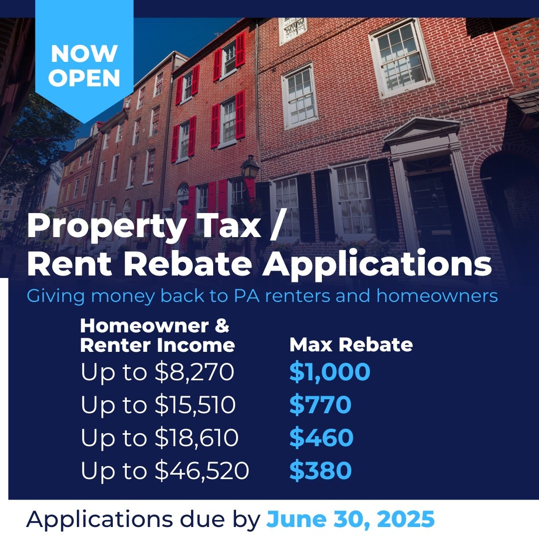 The application period for PA's Property Tax / Rent Rebate program is open. The program provides financial relief to eligible folks age 65 &amp; older; widows &amp; widowers age 50 &amp; older; and people with disabilities age 18 &amp; older. Apply by June 30 here: sbee.link/tw8cuj6pf9