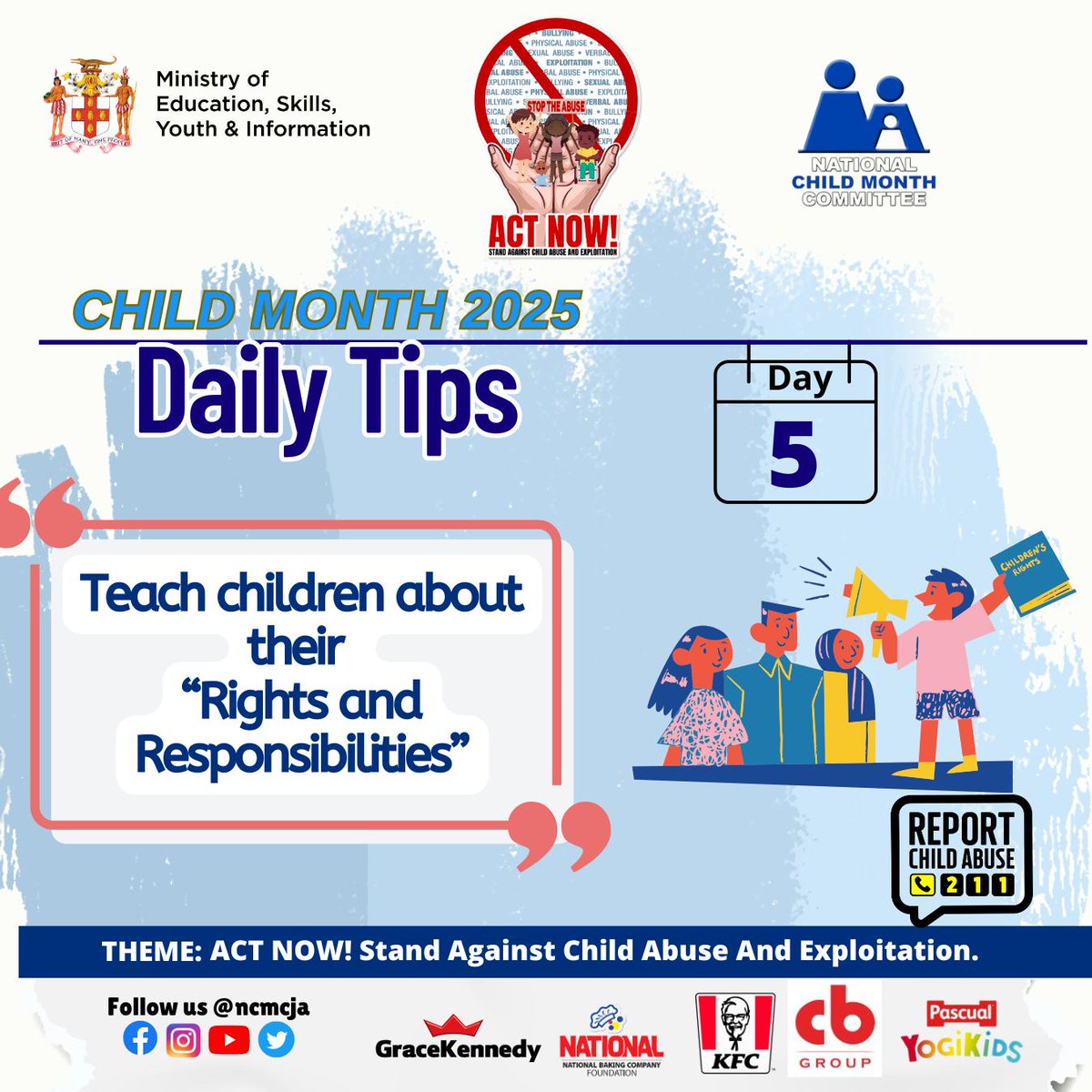 ⭐#ChildMonth2025 Daily Tip 5⭐ Talk to your child about their rights, but also their responsibilities. 

When children are aware of their rights and responsibilities, it helps build their confidence and helps them navigate the world with dignity.

#ChildMonthJA
#ForEveryChild