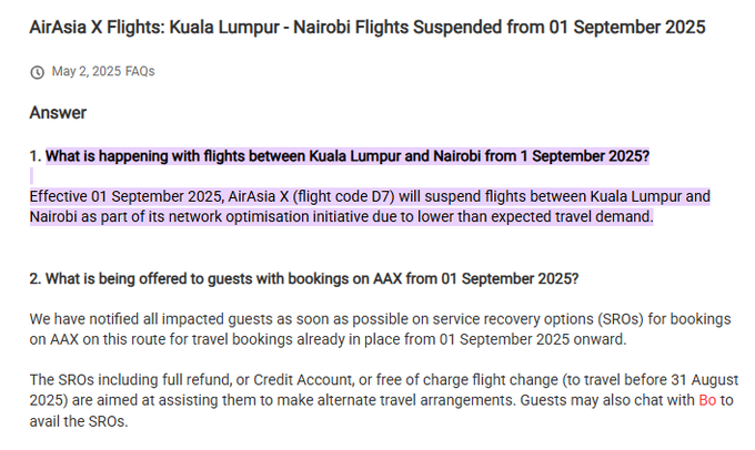 MwangoCapital's tweet photo. AirAsia X will suspend its Kuala Lumpur–Nairobi route from Sept 1, 2025, citing lower than expected demand. The move comes less than a year after launching the service. https://t.co/Rhvs3qlIOA