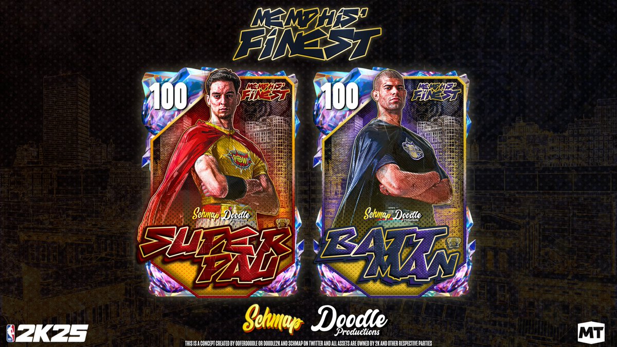 🦇🦸💥 Introducing: Memphis' Finest! A collab with the one and only <a href="/schmap_designs/">Schmap</a>, traveling back to the '01-'02 season with two young heroes in Memphis, Pau Gasol and Shane Battier! Really fun working on this. Would you like to see something like this in 2k25 Myteam?