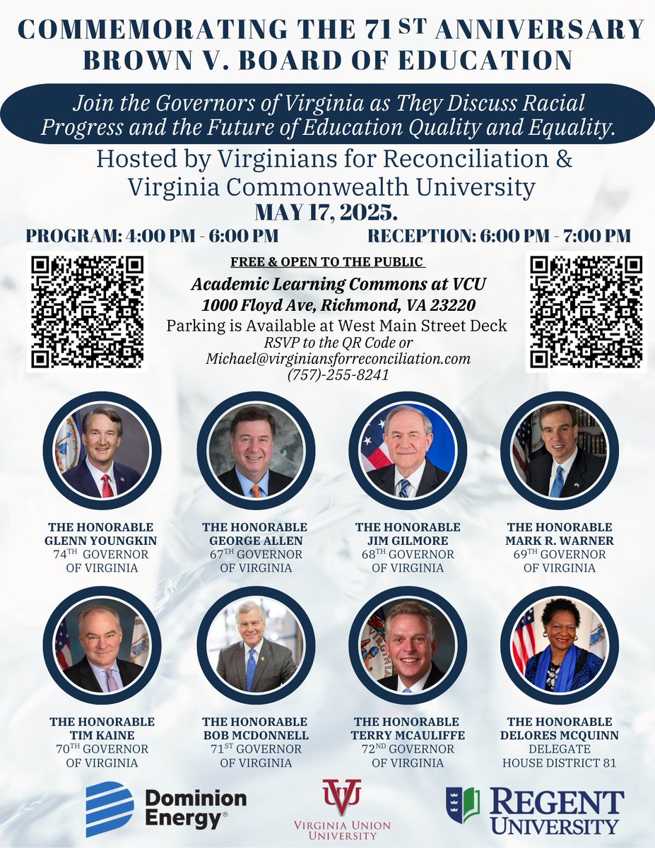 If you're in Virginia on May 17, join the Governors of Virginia for a conversation on education equity and a commemoration of the 71st anniversary of Brown v. Board of Education. Free and open to the public at <a href="/VCU/">VCU</a>.

<a href="/timkaine/">Tim Kaine</a> <a href="/GlennYoungkin/">Glenn Youngkin</a> <a href="/GovernorVA/">Governor Abigail Spanberger</a> <a href="/DeloresMcquinn/">Delores McQuinn</a>