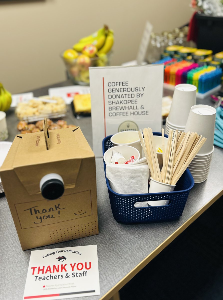 It's #teacherappreciationweek2025, a celebration of #shakopeeschools teachers, made possible by the incredible support of the Shakopee community! A huge thank you to Shakopee Coffee House &amp; Brewhall, HEART, Dichtomatik and Cub Foods for their generous donations.