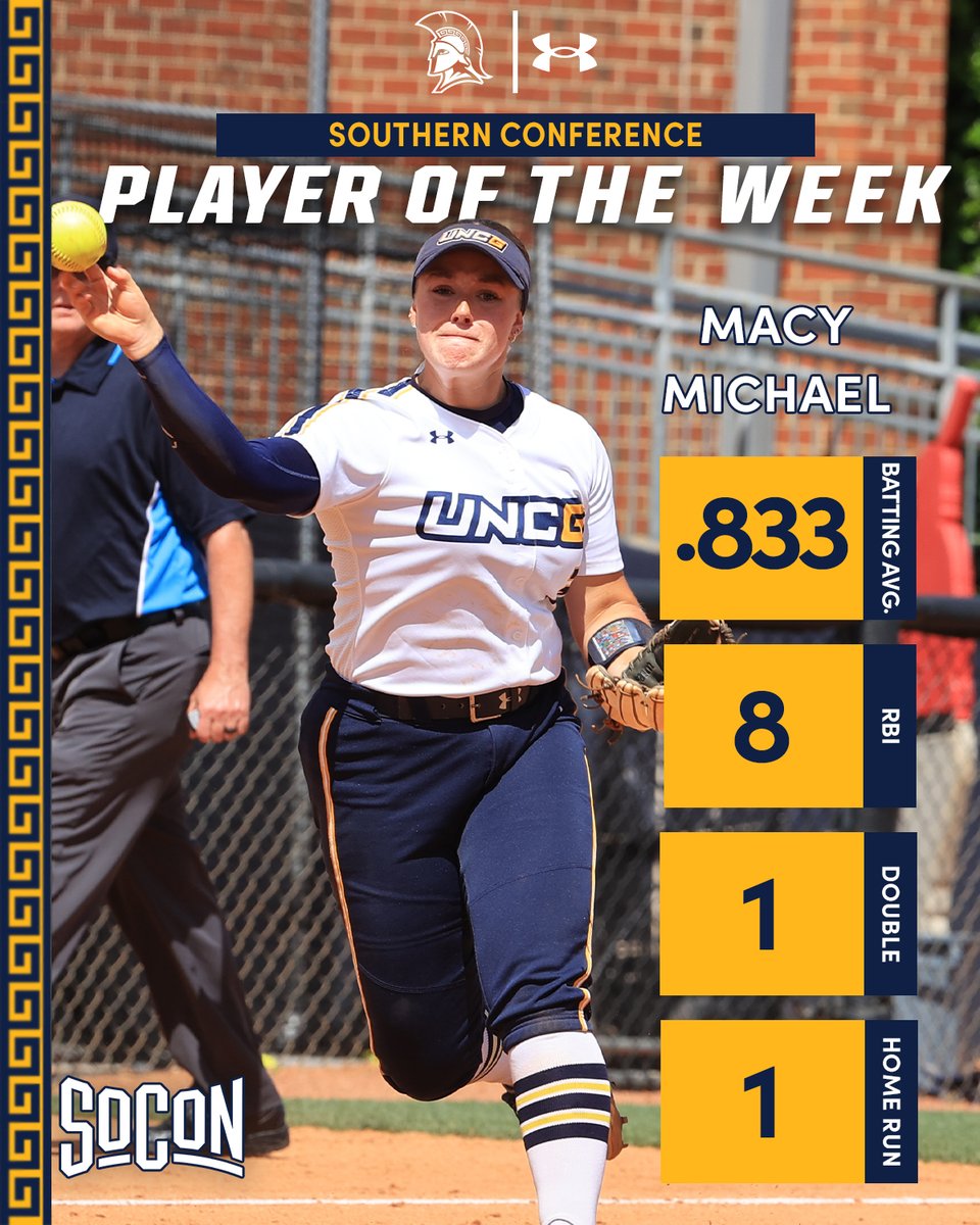 Macy Michael 🤝 SoCon Player of the Week!

🥎 .833 batting avg. (5-for-6)
🥎 8 RBI
🥎 1 double
🥎 1 home run (a massive grand slam!)
🥎 1 walk 
🥎 3 runs scored

📰 go.uncg.edu/svsyk4
#letsgoG