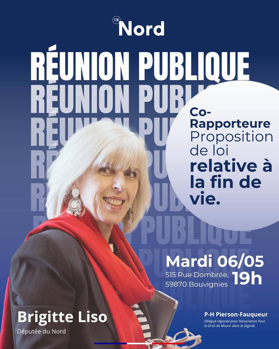 Réunion publique ce mardi 6 mai à Bouvignies sur la proposition de loi relative à la fin de vie.
Notre délégué régional pour les Hauts-de-France <a href="/PH_PF59/">PH Pierson Fauqueur</a> interviendra aux côtés de <a href="/BrigitteLiso/">Brigitte Liso</a> pour présenter les enjeux du texte.
Entrée libre, venez nombreux !
#FinDeVie #ADMD