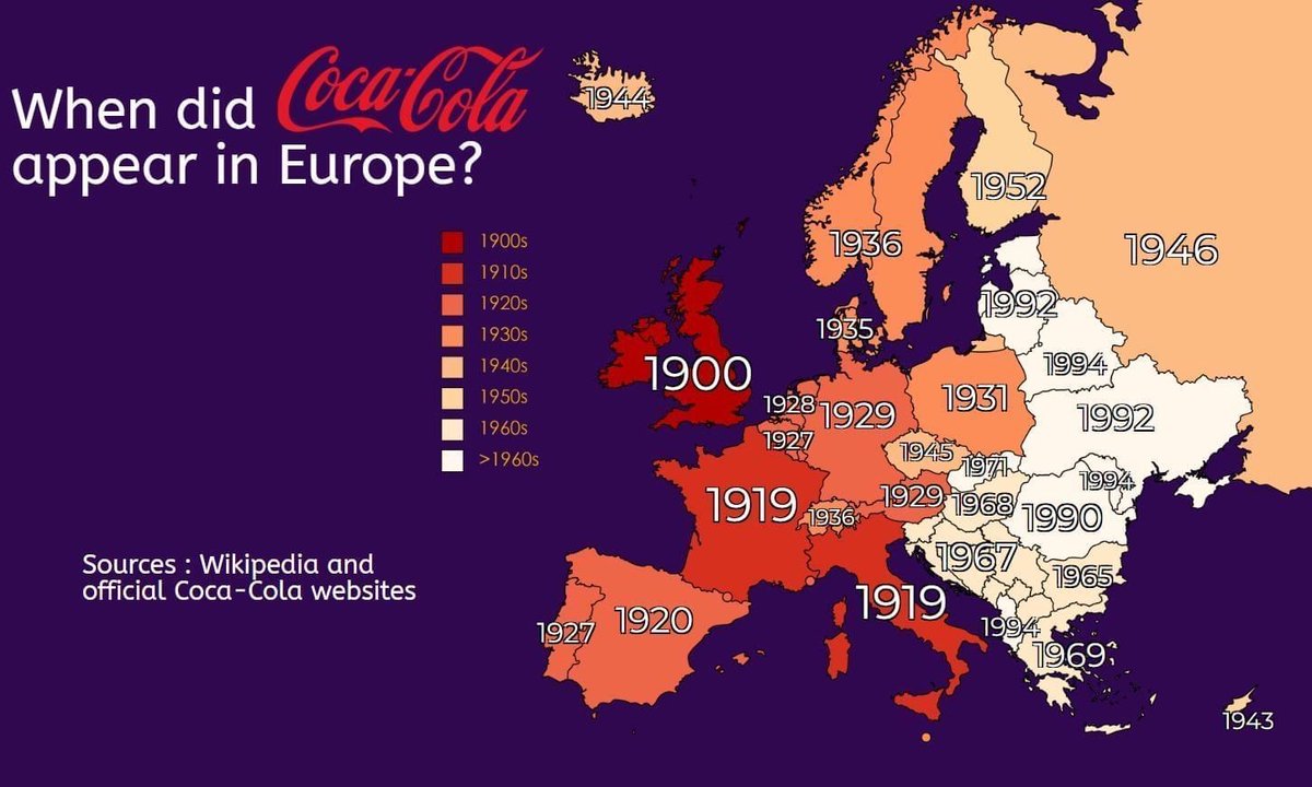 Simon Kuestenmacher (@simongerman600) on Twitter photo When was Coca Cola first sold in your country? When was Coca Cola first sold in your country?