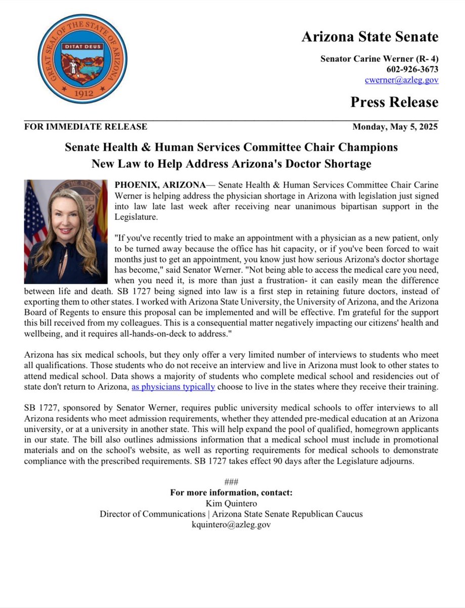 AZSenateGOP's tweet image. 🚨FOR IMMEDIATE RELEASE: Senate Health &amp;amp; Human Services Committee Chair Champions New Law to Help Address Arizona&apos;s Doctor Shortage

Full Press Release: azsenaterepublicans.gov/post/senate-he…

@CarineWerner
