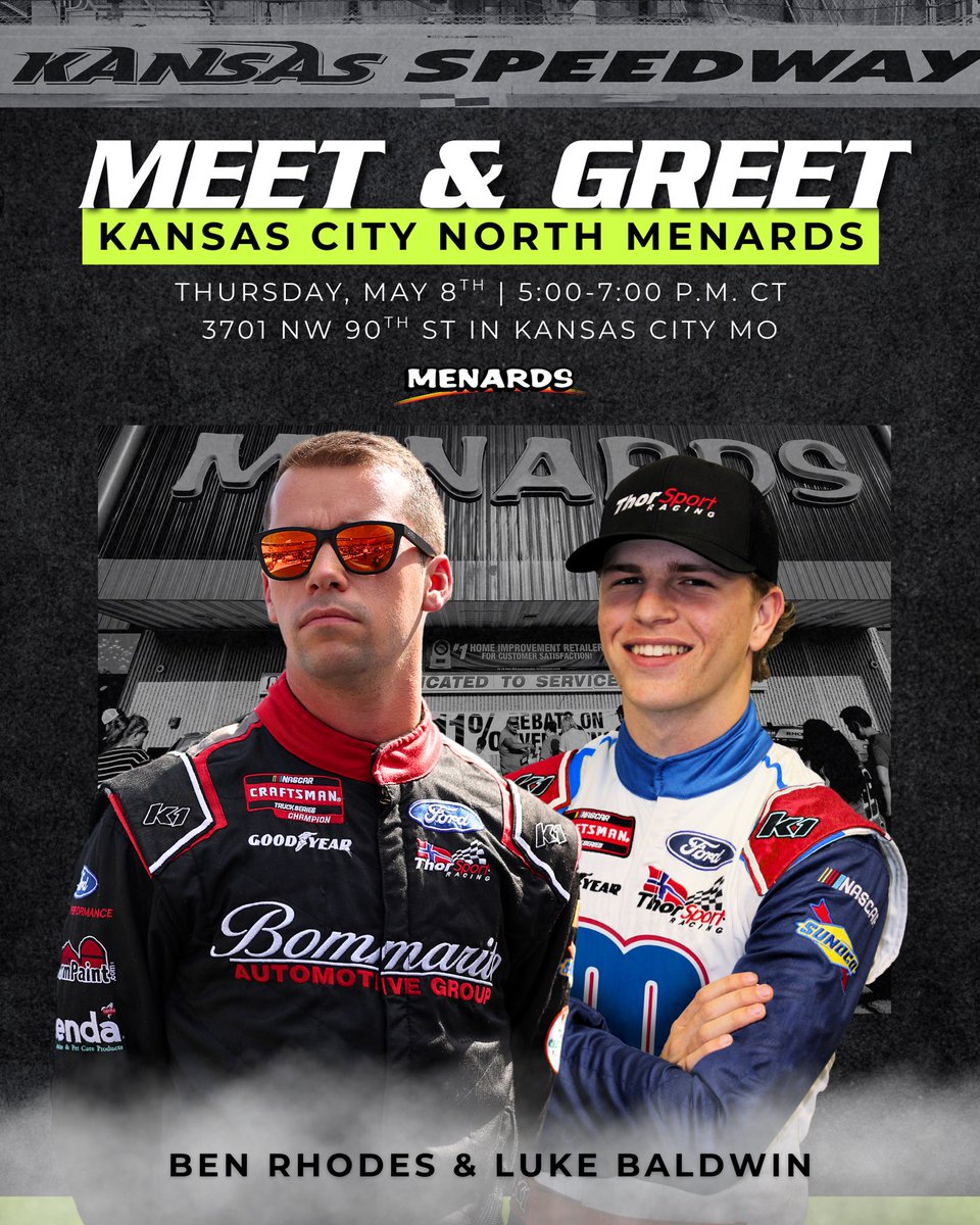 Hey Kansas City, we’re coming for you!
 
Come meet our drivers, snap a photo with our race trucks, and grab an autograph—all happening this Thursday, May 8th from 5–7 PM CT at the Menards locations listed below!
 
Matt Crafton | KC West Menards
📍1301 N 98th St in Kansas City KS