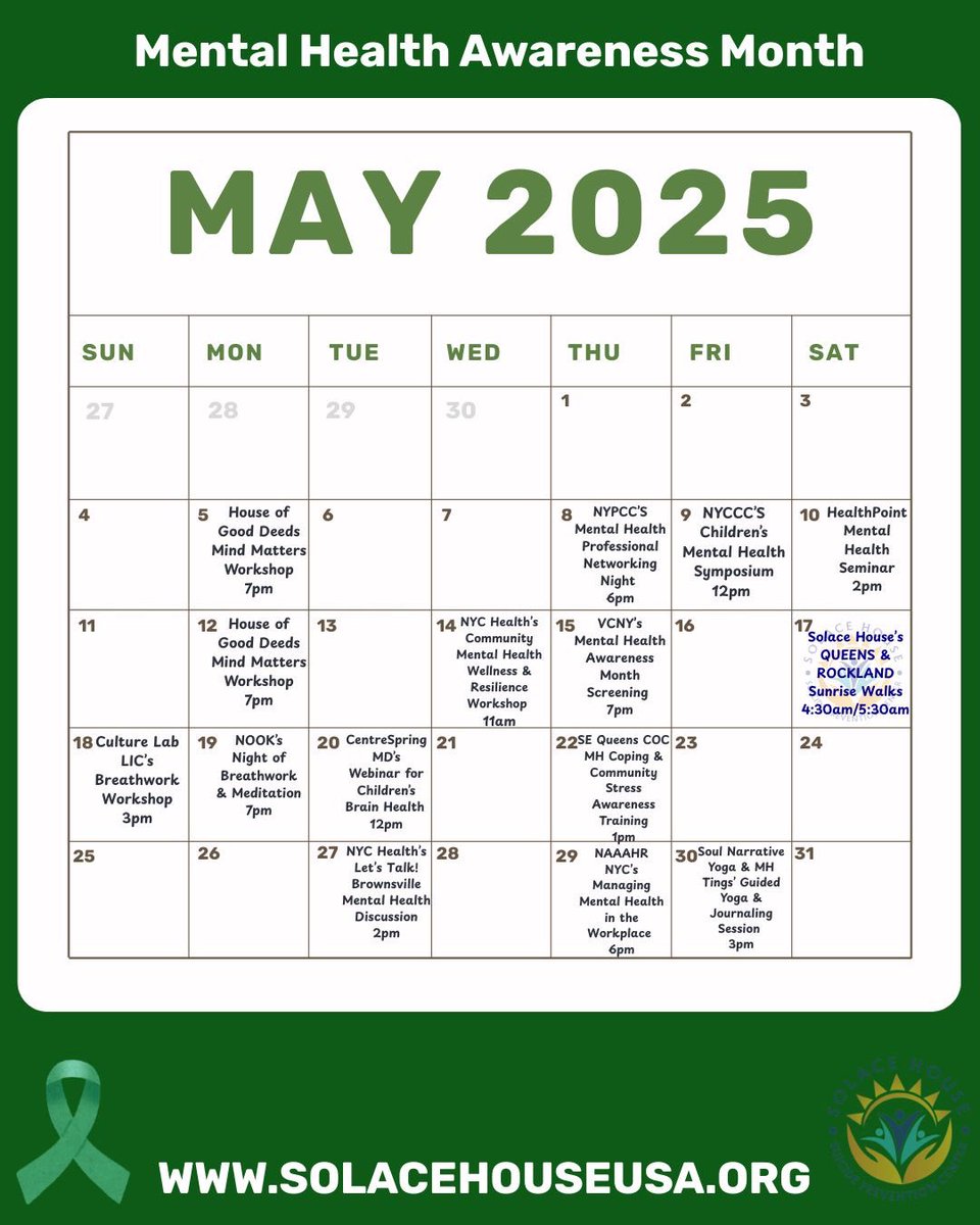 ⭐️ Mental Health Awareness Month in NYC is busy! There are plenty of free/donation-admission events happening, ranging from networking nights to guided meditations. This May, it doesn’t have to cost you a penny to participate in Mental Health Awareness month! 

 #solacehouseusa