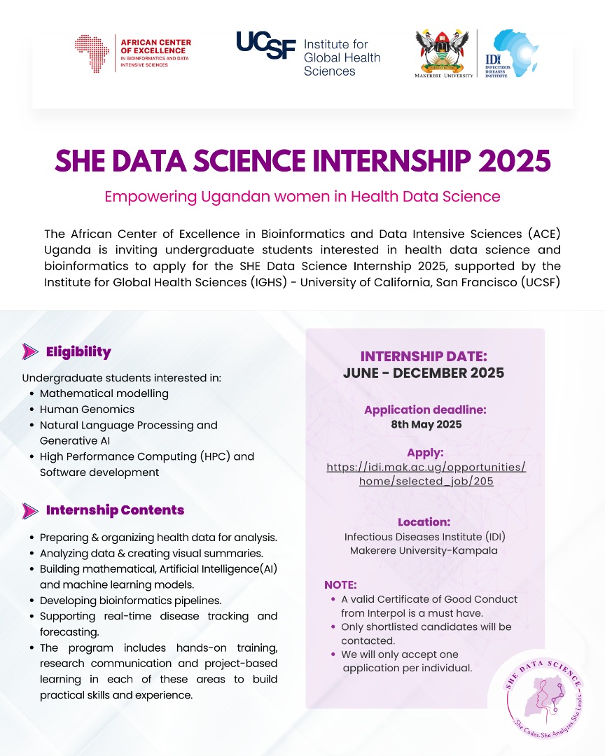 ACE Bioinformatics & Data Sciences (@aceuganda) on Twitter photo Are you a Ugandan passionate about mathematical modeling, human genomics, NLP, Generative AI, HPC or software development?
Don’t miss out!
Apply for the 6-months SHEDS Internship 2025, supported by <a href="/IGHSatUCSF/">UCSF Global Health</a>
Deadline: May 7 2025-3PM EAT.
Apply:
idi.mak.ac.ug/opportunities/…
#SHEDS Are you a Ugandan passionate about mathematical modeling, human genomics, NLP, Generative AI, HPC or software development?
Don’t miss out!
Apply for the 6-months SHEDS Internship 2025, supported by <a href="/IGHSatUCSF/">UCSF Global Health</a>
Deadline: May 7 2025-3PM EAT.
Apply:
idi.mak.ac.ug/opportunities/…
#SHEDS
