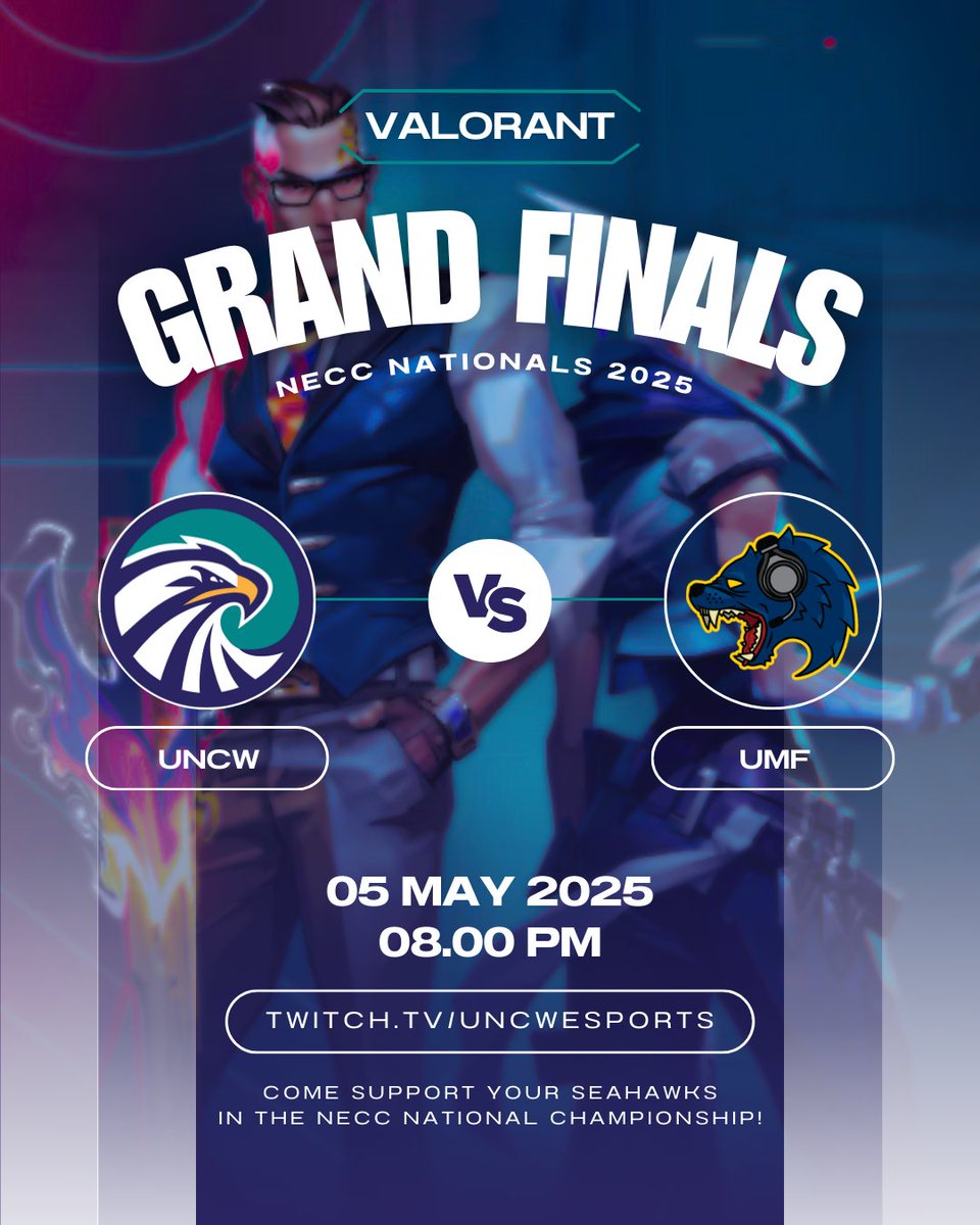 It's GRAND-FINALS TIME of the NECC National Championship!!!! Join us tonight at 8pm EST where our UNCW Seahawks take on the University of Michigan-Flint.  The match will be streamed on twitch.tv/uncwesports so be sure to stop by and show your support for UNCW!

#playvalorant
