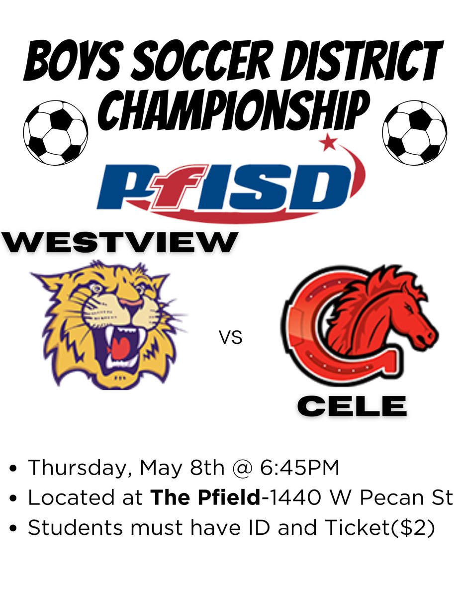 Westview Middle School Athletics (@wms_pfathletics) on Twitter photo The Wildcats head to the PFIELD in a rematch for the District Title! Thursday, May 8th @ 6:45PM!
<a href="/Connally96/">John B. Connally Boy's Soccer</a> <a href="/PfISDAthletics/">PfISD Athletics</a> The Wildcats head to the PFIELD in a rematch for the District Title! Thursday, May 8th @ 6:45PM!
<a href="/Connally96/">John B. Connally Boy's Soccer</a> <a href="/PfISDAthletics/">PfISD Athletics</a>