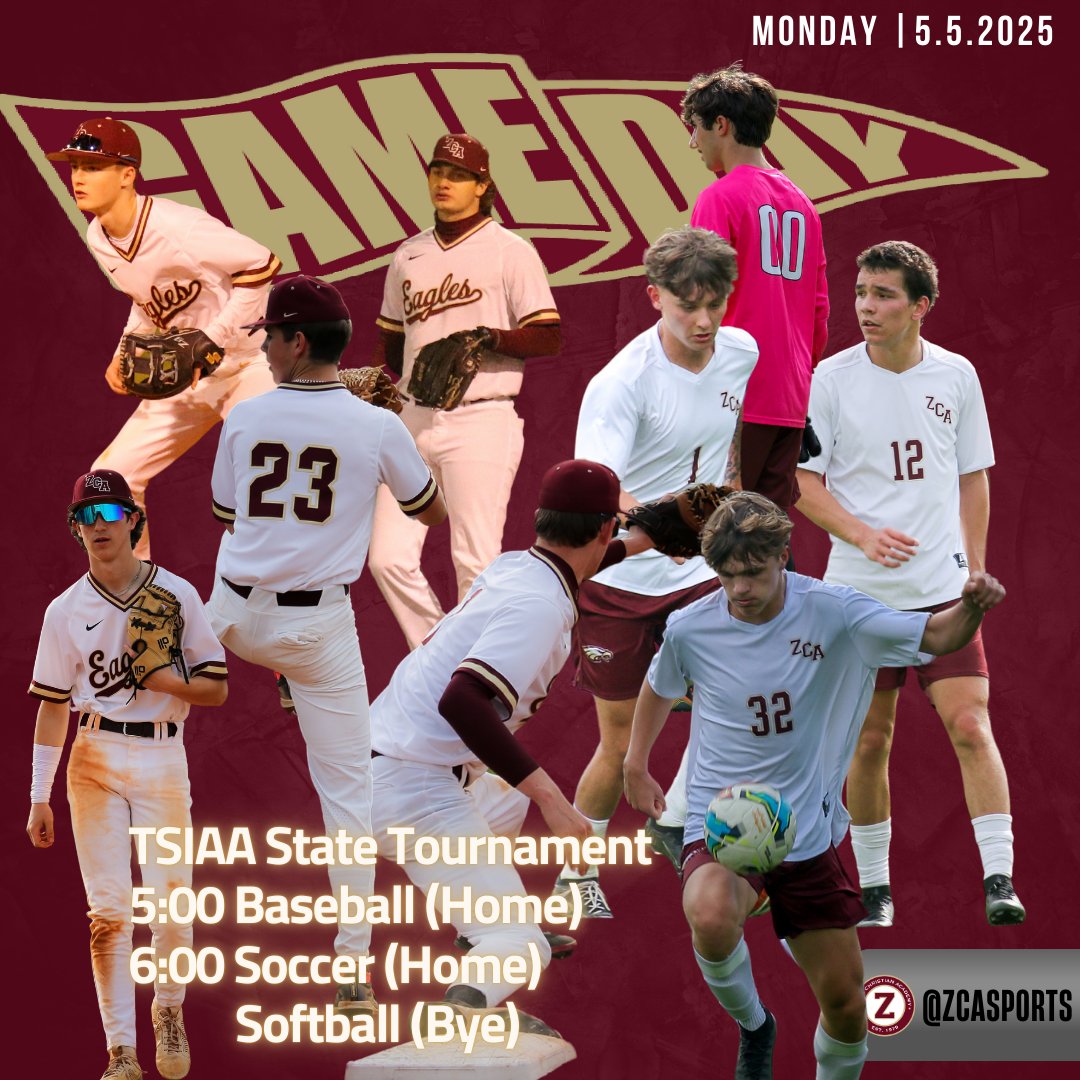 ZCA Athletics (@zcasports) on Twitter photo Post season starts tonight! Come out and support your Eagles. Baseball plays at home at 5 and Soccer plays at home at 6!
#Take_Flight
<a href="/ZCABaseball/">ZCA Baseball</a>
<a href="/ZCASoftball/">ZCA Softball</a>
<a href="/TJ_Derrick1/">T.J. Derrick</a>
<a href="/mopatton_sports/">Maurice Patton</a>
<a href="/MainStreetPreps/">Main Street Preps</a>
<a href="/Kreager/">πππ πΎππππππ</a>
<a href="/hccampbell/">Holli Campbell</a> Post season starts tonight! Come out and support your Eagles. Baseball plays at home at 5 and Soccer plays at home at 6!
#Take_Flight
<a href="/ZCABaseball/">ZCA Baseball</a>
<a href="/ZCASoftball/">ZCA Softball</a>
<a href="/TJ_Derrick1/">T.J. Derrick</a>
<a href="/mopatton_sports/">Maurice Patton</a>
<a href="/MainStreetPreps/">Main Street Preps</a>
<a href="/Kreager/">πππ πΎππππππ</a>
<a href="/hccampbell/">Holli Campbell</a>