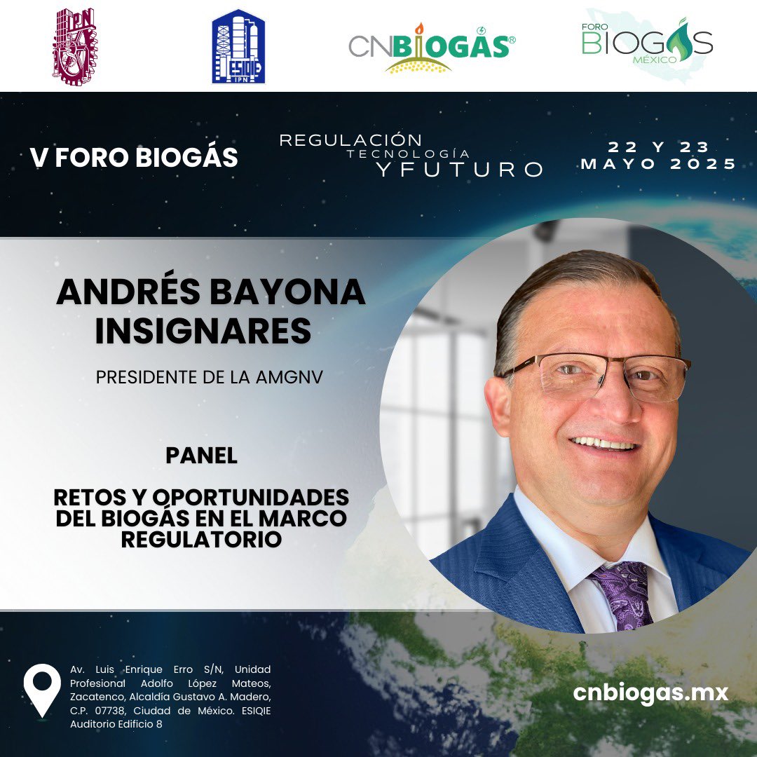 Es un honor presentar a nuestro distinguido panelista, <a href="/AndresBayonaI/">Andres Bayona</a>, Presidente de la <a href="/AMGNV_Oficial/">AMGNV</a>  presente en el V Foro de Biogás 2025 !No te lo pierdas! 
#Regulación #Tecnología #Futuro #FBM #CNBiogás #ESIQIE #IPN #RetosyOportunidades #Especialistas