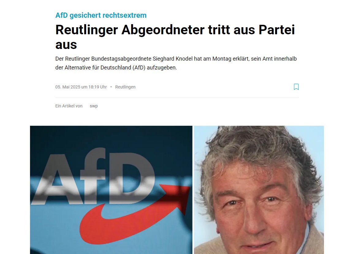 AfDverbot_2024's tweet photo. 🍿🎉#AUSTRITT‼️
Nach Einstufung durch den #Verfassungsschutz als #gesichertrechtsextrem: Der Reutlinger MdB Sieghard #Knodel hat am Montag erklärt, sein Amt innerhalb der Alternative für Deutschland (#AfD) aufzugeben. https://t.co/f3LbS9pyPk https://t.co/DBC1kkmYJO