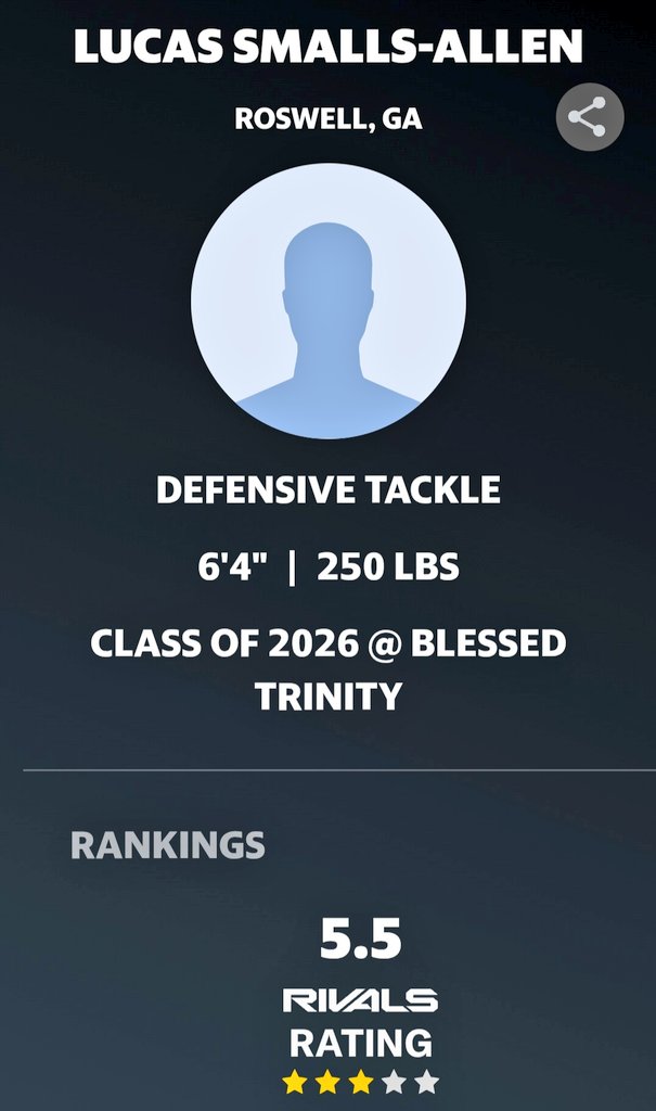 Lucas Smalls-Allen (@lucasallen61) on Twitter photo I am blessed to be ranked a 3 Star ⭐️⭐️⭐️ by <a href="/Rivals/">Rivals</a>!! #AGTG
<a href="/CoachEdDudley63/">Ed Dudley</a> <a href="/goddard_chuck/">Chuck Goddard, Blessed Trinity Catholic School</a> <a href="/BuckFitz/">NPA/SUPERMAX 100</a> <a href="/NCEC_Recruiting/">NPA</a> <a href="/BTProspects/">Blessed Trinity Football Prospects</a> <a href="/RecruitGeorgia/">Recruit Georgia</a> <a href="/NEGARecruits/">Northeast Georgia Recruits</a> <a href="/247Sports/">247Sports</a> <a href="/On3Recruits/">On3 Recruits</a> I am blessed to be ranked a 3 Star ⭐️⭐️⭐️ by <a href="/Rivals/">Rivals</a>!! #AGTG
<a href="/CoachEdDudley63/">Ed Dudley</a> <a href="/goddard_chuck/">Chuck Goddard, Blessed Trinity Catholic School</a> <a href="/BuckFitz/">NPA/SUPERMAX 100</a> <a href="/NCEC_Recruiting/">NPA</a> <a href="/BTProspects/">Blessed Trinity Football Prospects</a> <a href="/RecruitGeorgia/">Recruit Georgia</a> <a href="/NEGARecruits/">Northeast Georgia Recruits</a> <a href="/247Sports/">247Sports</a> <a href="/On3Recruits/">On3 Recruits</a>