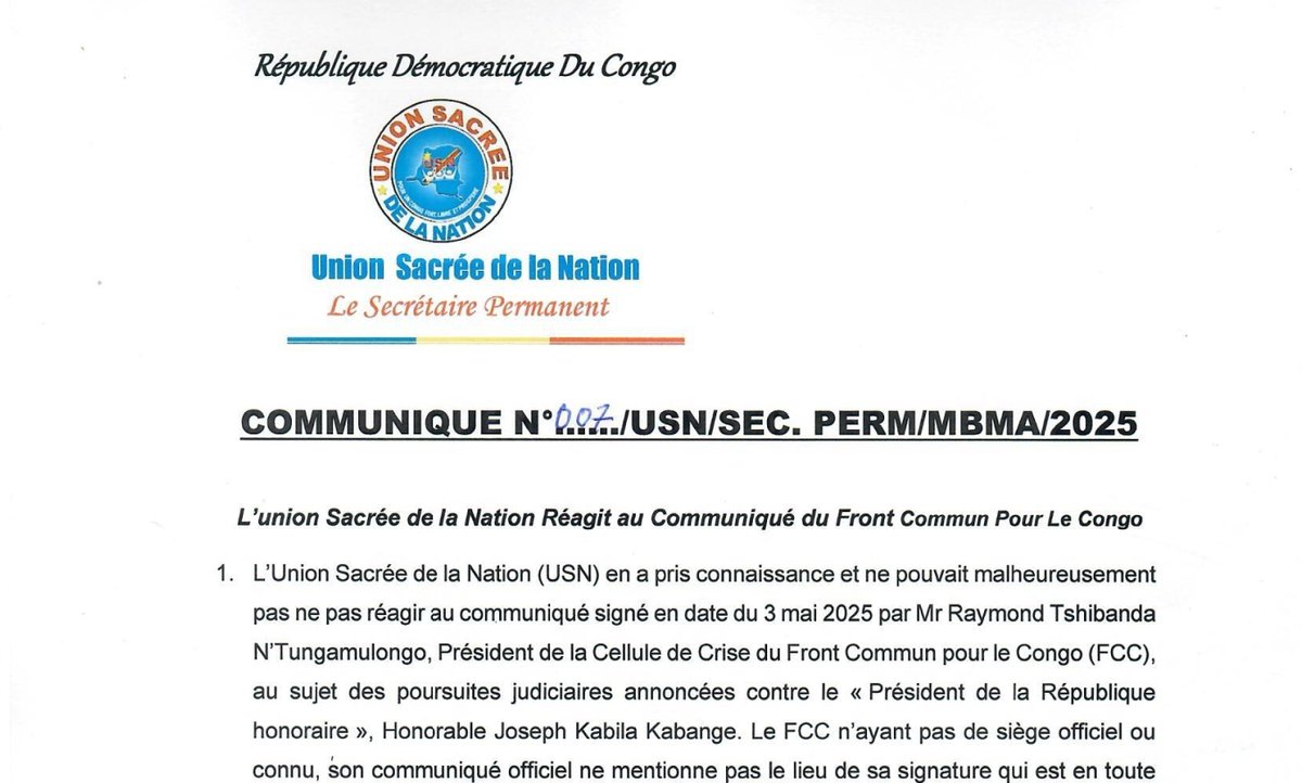 unionsacree.org/communique-n07…

Communiqué n°07 – L’Union Sacrée de la Nation Réagit au Communiqué du FCC – 5 mai 2025

Pour en savoir plus et télécharger: unionsacree.org/communique-n07…