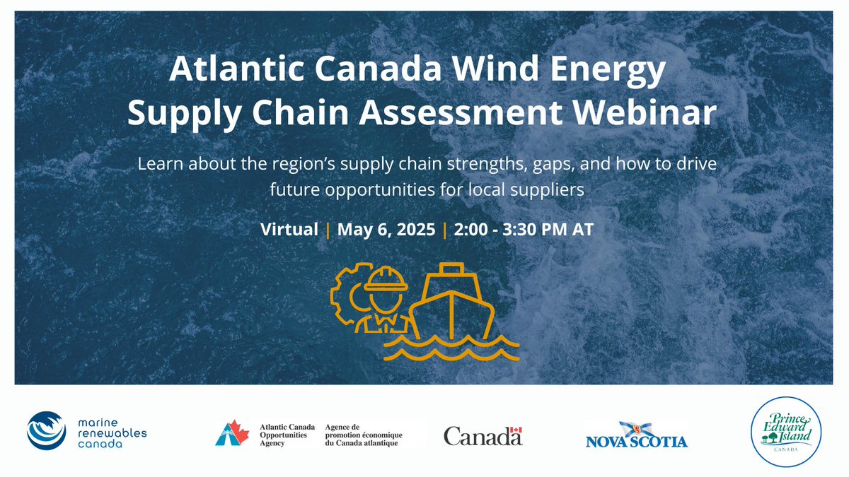 📢 Happening tomorrow! 
 
Couldn’t attend an in-person session? Join us May 6 for a webinar on the Atlantic Canada Wind Energy Supply Chain Assessment, commissioned by MRC and led by <a href="/XodusGroup/">Xodus</a> with a team of local consultants.
 
Learn about: 
→ Wind energy outlook in Atlantic