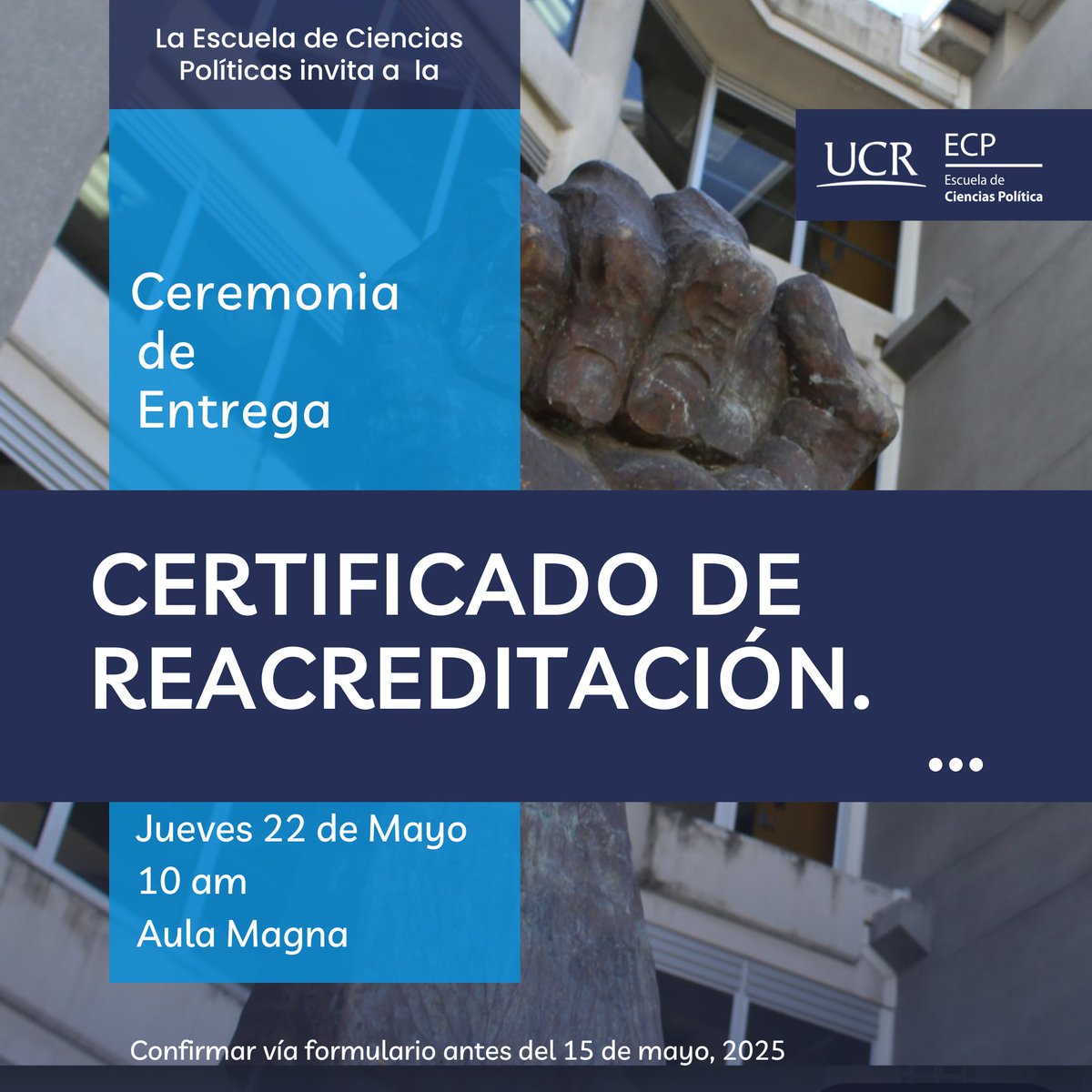 ¡La ECP  te invita  a la Ceremonia de entrega de certificado de REACREDITACION!
🗓️Jueves 22 de mayo, 2025
⏰10 am
📍Aula Magna

👉🏽Confirmá tu asistencia antes del 15 de mayo a través de este formulario forms.gle/TA8fY4wYTdQbL9…

¡Vení a celebrar este gran logro de la Escuela!