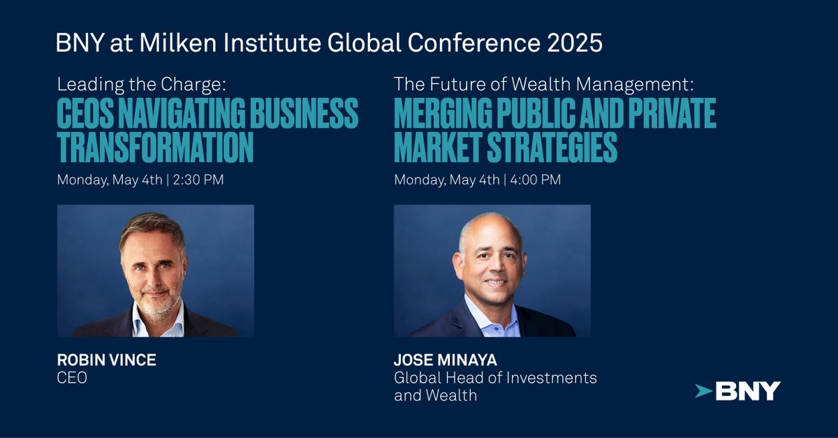 BNY (@bnyglobal) on Twitter photo 📢 HAPPENING TODAY: Robin Vince, CEO of #BNY and Jose Minaya, Head of BNY Investments and Wealth, will take the stage at <a href="/MilkenInstitute/">Milken Institute</a>’s #MIGlobal Conference alongside industry leaders.
Access the livestreams and more info for each session ⬇️
📺 Robin’s panel (2:30 p.m. 📢 HAPPENING TODAY: Robin Vince, CEO of #BNY and Jose Minaya, Head of BNY Investments and Wealth, will take the stage at <a href="/MilkenInstitute/">Milken Institute</a>’s #MIGlobal Conference alongside industry leaders.
Access the livestreams and more info for each session ⬇️
📺 Robin’s panel (2:30 p.m.