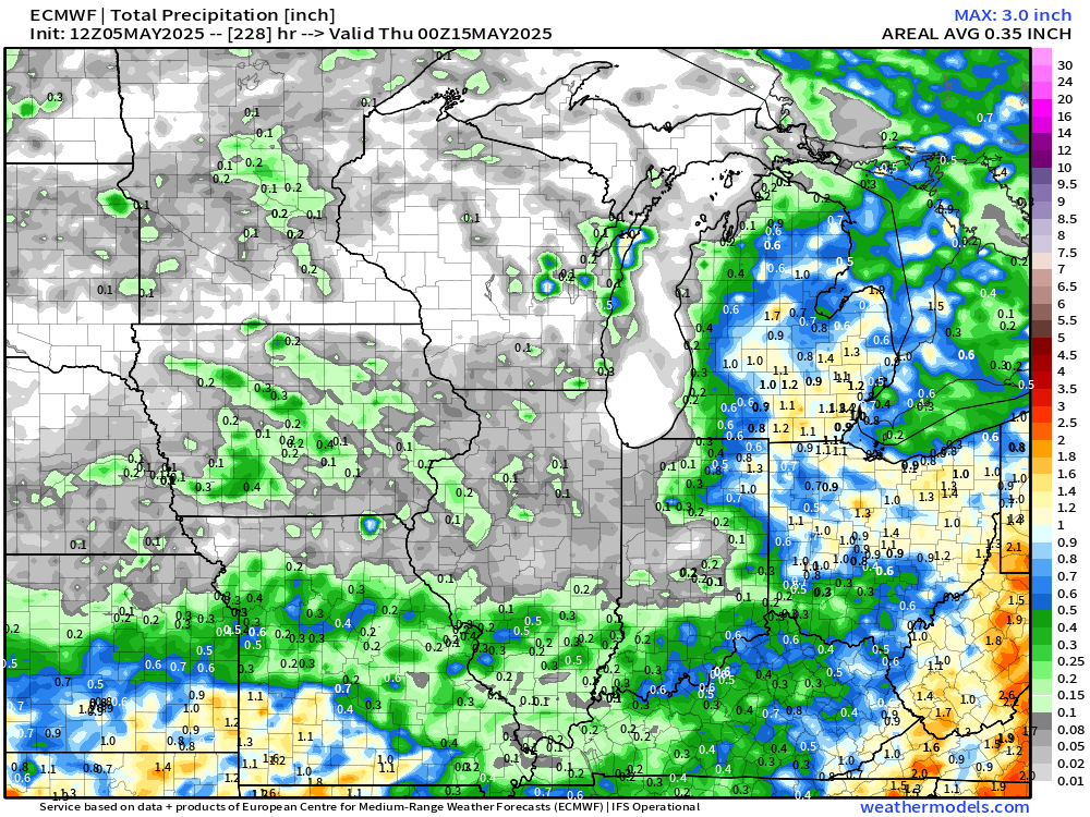 Mid-day data continues to indicate little moisture opportunities the next ~10-11 days across the Corn Belt. 

*Fantastic* planting conditions ahead, but the question is, will the rains turn back on late May? Some signals in there for the potential but questions remain about how
