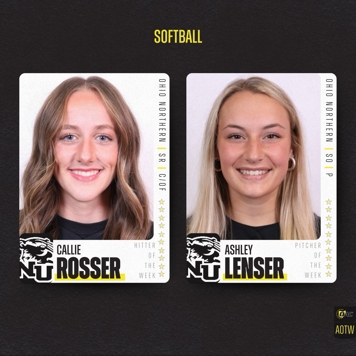 Ohio Athletic Conference (@ohathleticconf) on Twitter photo Athletes of the Week | Softball 🥎
Callie Rosser, <a href="/ONUsports/">Ohio Northern Sports</a>
Ashley Lenser, <a href="/ONUsports/">Ohio Northern Sports</a>
#OAC | #d3sb Athletes of the Week | Softball 🥎
Callie Rosser, <a href="/ONUsports/">Ohio Northern Sports</a>
Ashley Lenser, <a href="/ONUsports/">Ohio Northern Sports</a>
#OAC | #d3sb