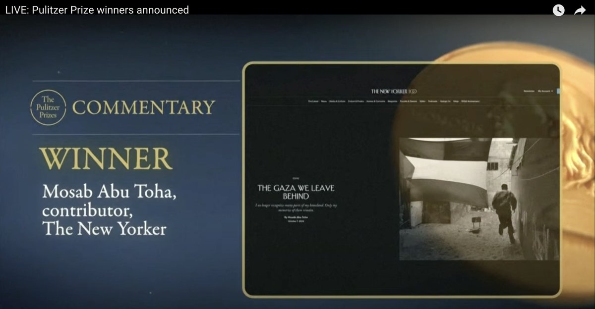 The Pulitzer Prize announcement read, "Mosab Abu Toha, contributor, The New Yorker - for essays on the physical and emotional carnage in Gaza, that combined deep reporting with the intimacy of memoir, to convey the Palestinian experience of more than a year and a half of war with
