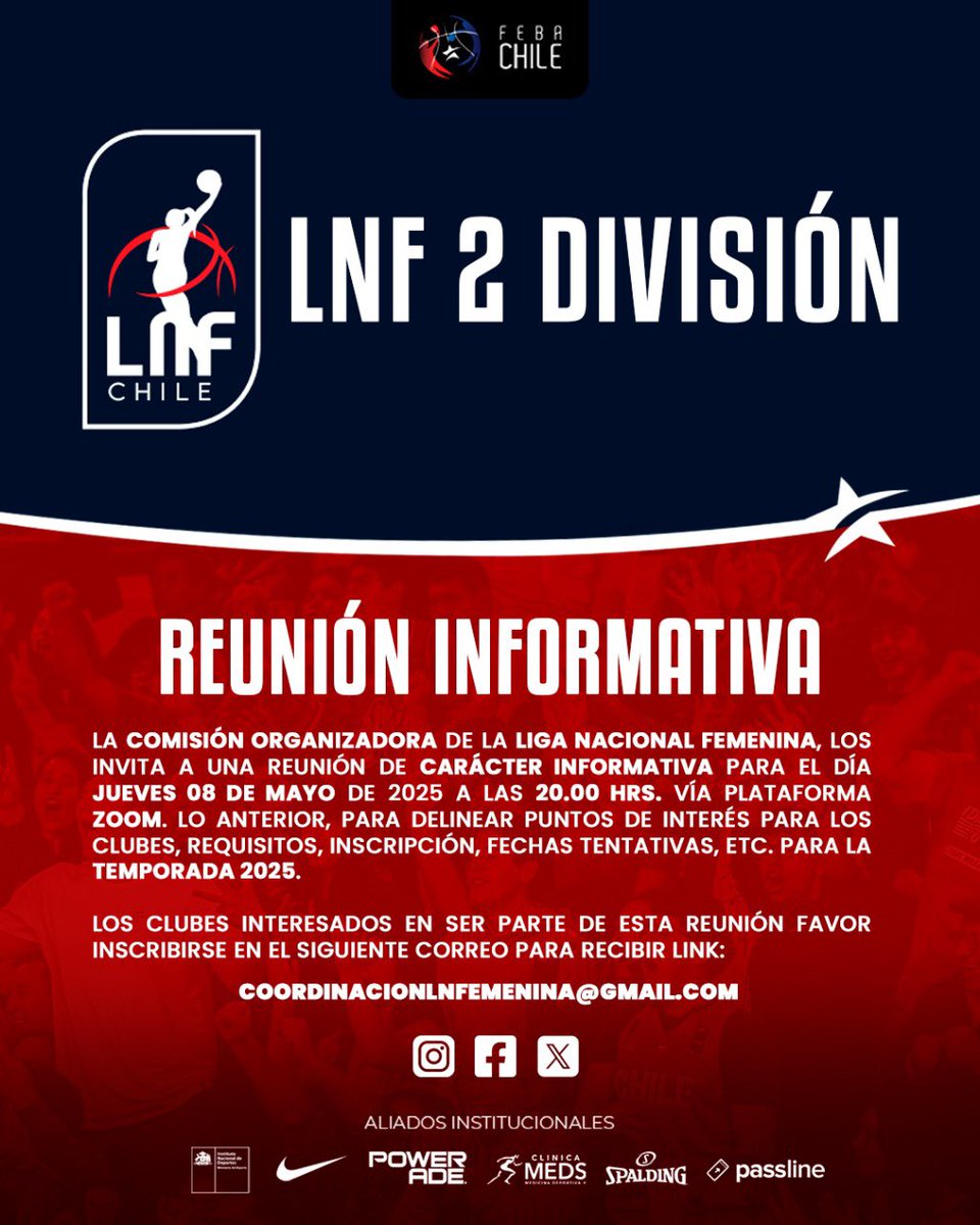 𝐑𝐞𝐮𝐧𝐢𝐨́𝐧 𝐈𝐧𝐟𝐨𝐫𝐦𝐚𝐭𝐢𝐯𝐚 𝐋𝐢𝐠𝐚 𝐃𝐨𝐬 𝐋𝐍𝐅 𝟐𝟎𝟐𝟓

Este jueves 8 de mayo se realizará una reunión informativa de cara a lo que será la proxima edición del torneo de la Segunda División de la Liga Nacional Femenina de Básquetbol. 

Los clubes interesados en