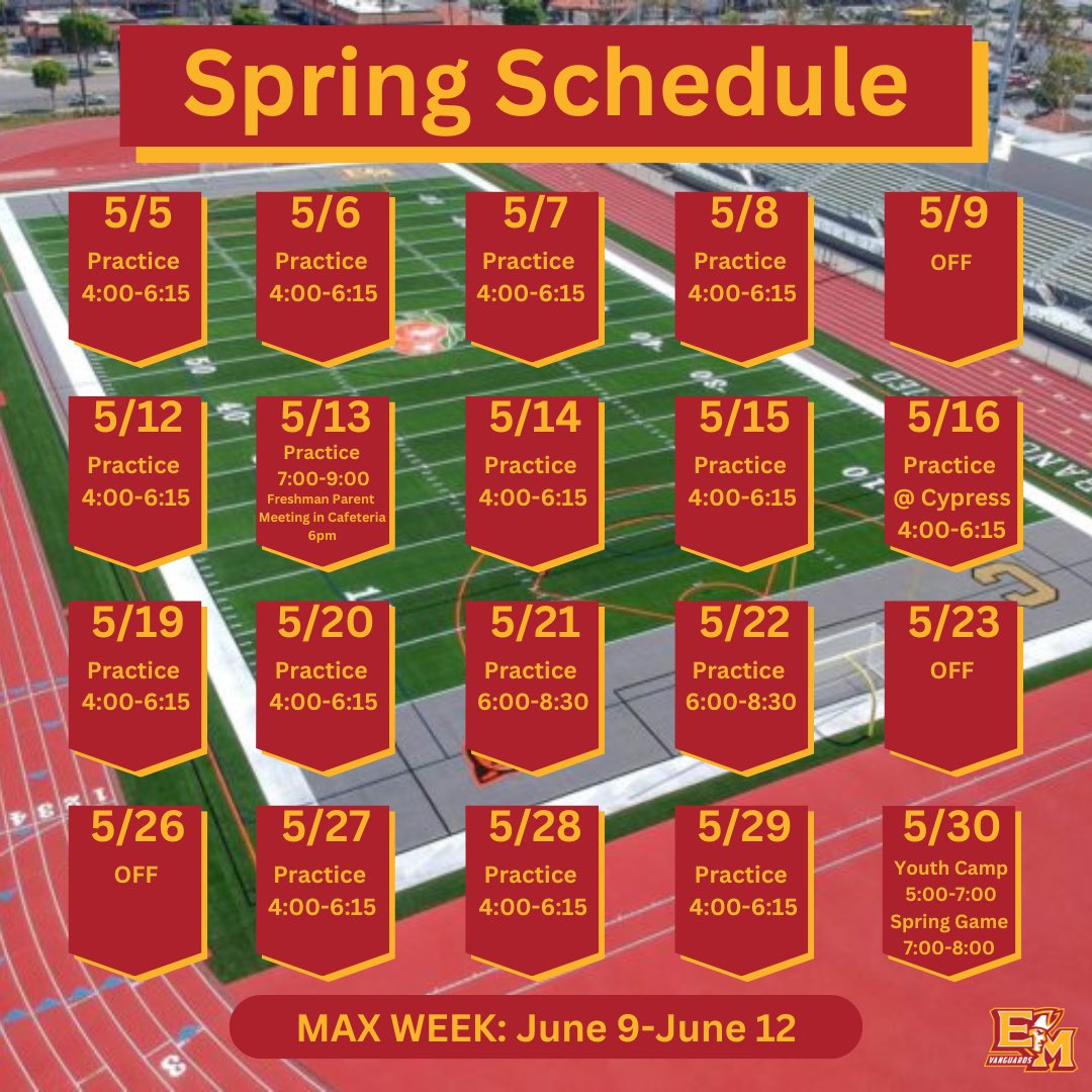 elmodenafb's tweet image. Spring Schedule!
We officially kickoff our first spring ball practice today! 

Important dates to remember:
5/13 Incoming Freshman Meeting
5/16 Practice at Cypress
5/21 and 5/22 Night Practice
5/30 Youth Camp and Spring Game

@emfb_mitchell @ElModenaHS