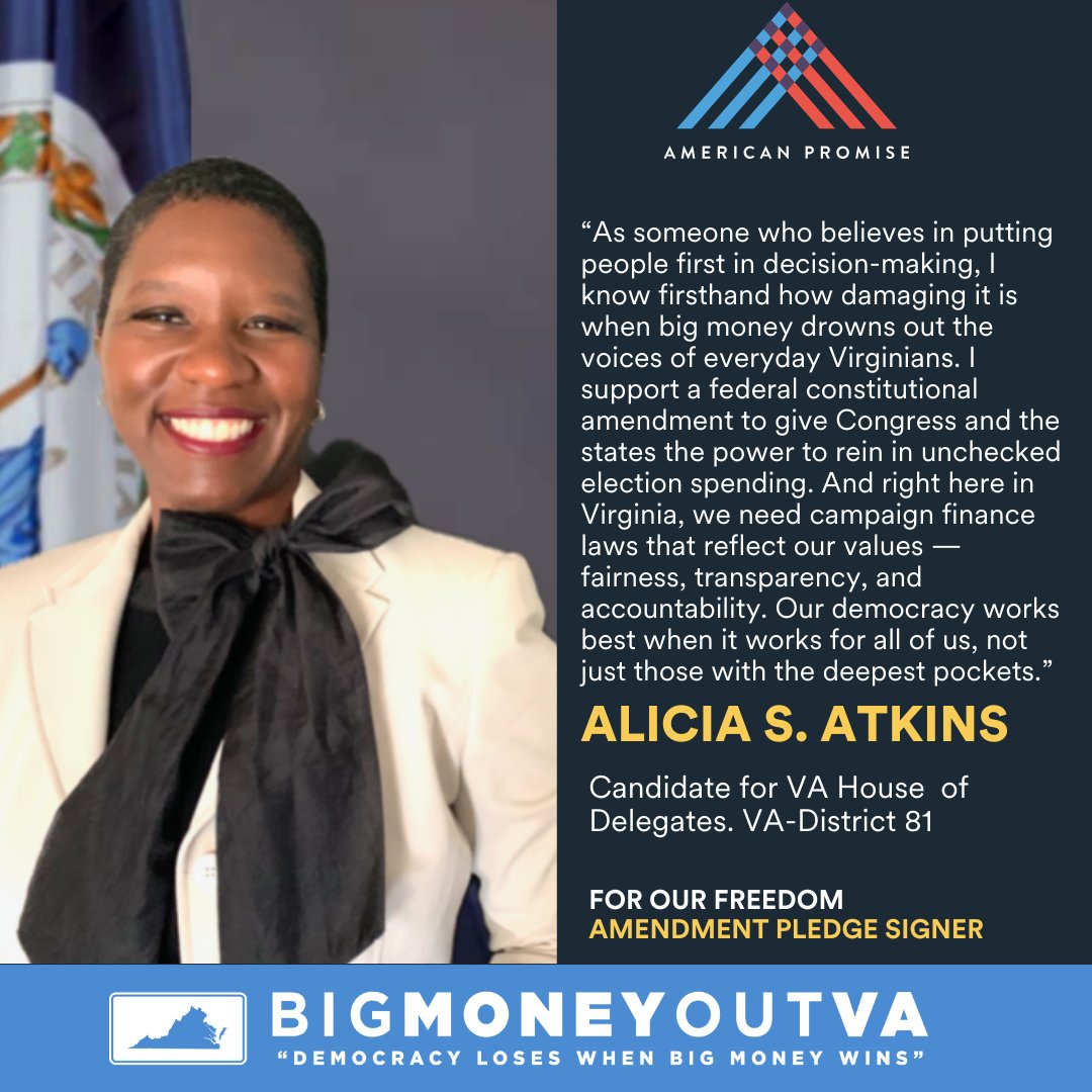 BigMoneyOutVA (@moneyoutva) on Twitter photo We love ❤️candidates who are willing to run on a good governance platform & commit to supporting campaign finance reforms in VA, as well as the <a href="/usapromise/">American Promise</a> constitutional amendment. Thanks to <a href="/Aliciaforvarina/">Alicia Atkins</a> who is running in District 81. Yup, democracy should work for all of us We love ❤️candidates who are willing to run on a good governance platform & commit to supporting campaign finance reforms in VA, as well as the <a href="/usapromise/">American Promise</a> constitutional amendment. Thanks to <a href="/Aliciaforvarina/">Alicia Atkins</a> who is running in District 81. Yup, democracy should work for all of us