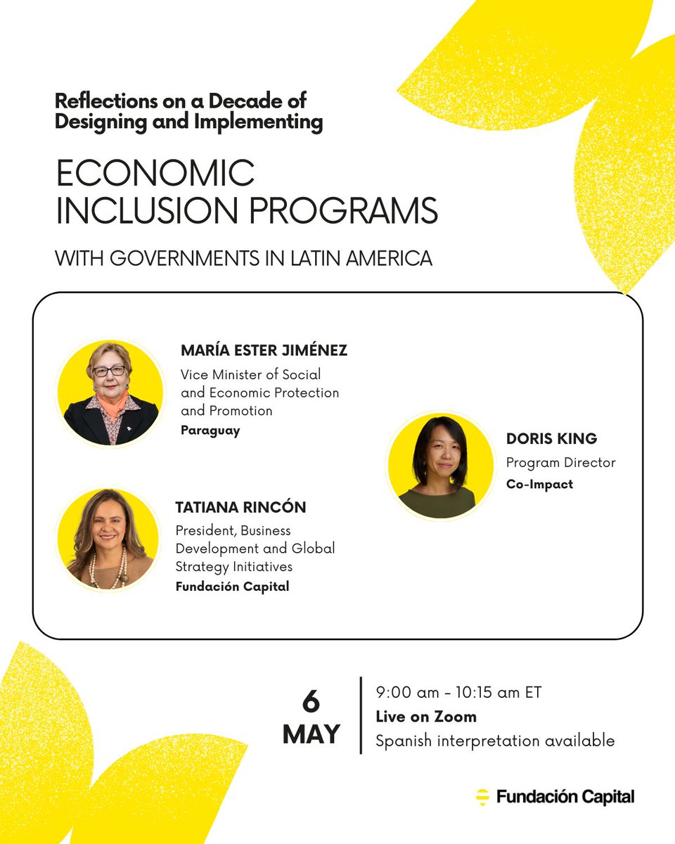 Join us tomorrow for a conversation with Doris King / <a href="/coimpactcollab/">Co-Impact</a>, María Ester Jiménez / <a href="/MDSParaguay/">Ministerio de Desarrollo Social</a> and Tatiana Rincon on government-led economic inclusion in Latin America.

Tomorrow | 9:00 am ET 

📌 Registration: bit.ly/6MWebinar