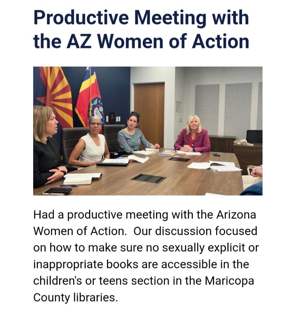 azwomenofaction's tweet image. 📢 AZWOA is proud to be working with @maricopacounty supervisors @DebbieLesko & @MarkStewart_AZ to address the issue of sexually explicit, violent, and inappropriate books in the @maricopaconnect children’s sections.
We are encouraged that the BOS is listening to the many…