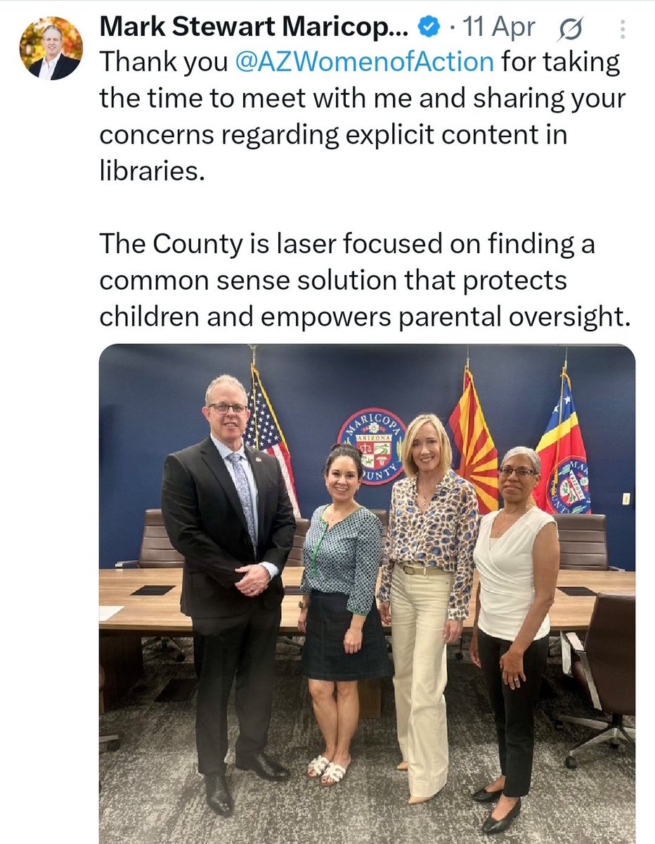 azwomenofaction's tweet image. 📢 AZWOA is proud to be working with @maricopacounty supervisors @DebbieLesko & @MarkStewart_AZ to address the issue of sexually explicit, violent, and inappropriate books in the @maricopaconnect children’s sections.
We are encouraged that the BOS is listening to the many…