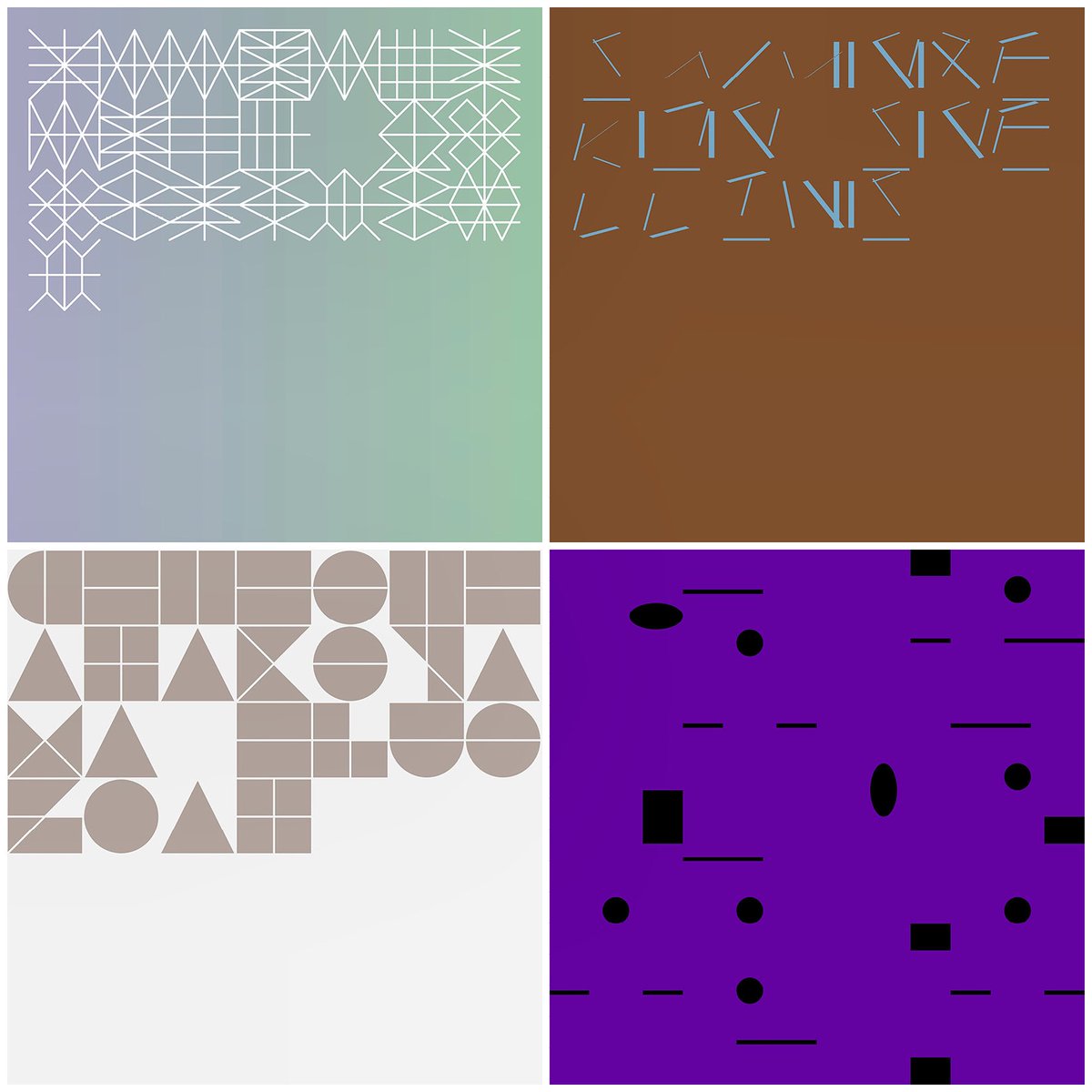 Art for art's sake:LE designs for works by 

Fuubutsushi 
Sam Prekop
Chihei Hatakeyama
Caterina Barbieri 

Find their pieces at the artists' Bandcamp pages. 

Cover artworks created by Mark Gowing using NON Fonts from The Letters.